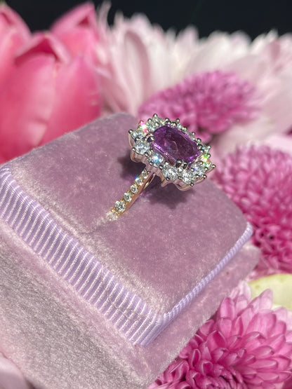 1.65 Carat Purple Sapphire and 0.85ctw Natural Diamond Halo Ring in Platinum and 18ct Gold