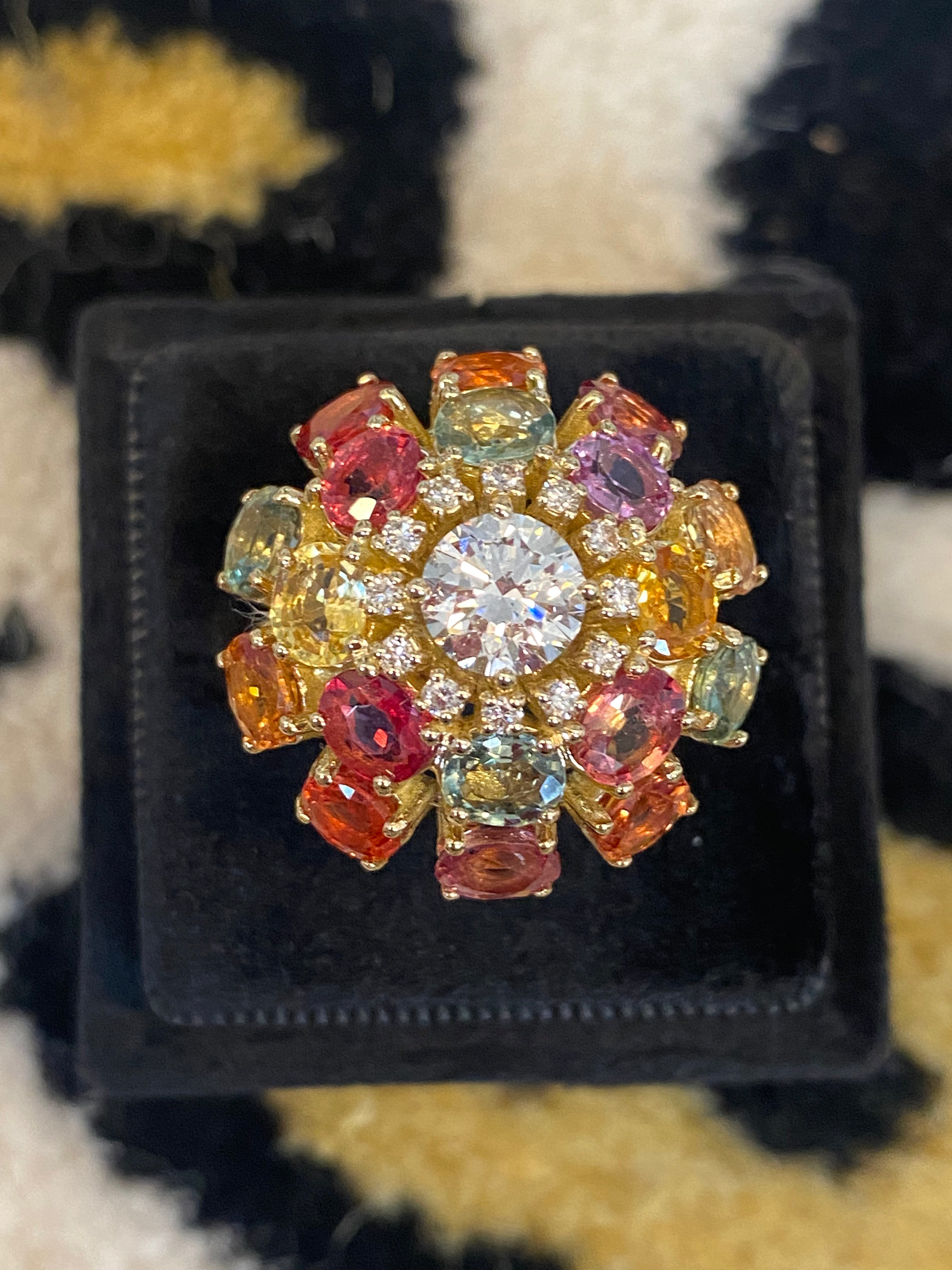 8.08 CTW Natural Diamond and Sapphire Bombe Cluster Ring in 18ct Yellow Gold
