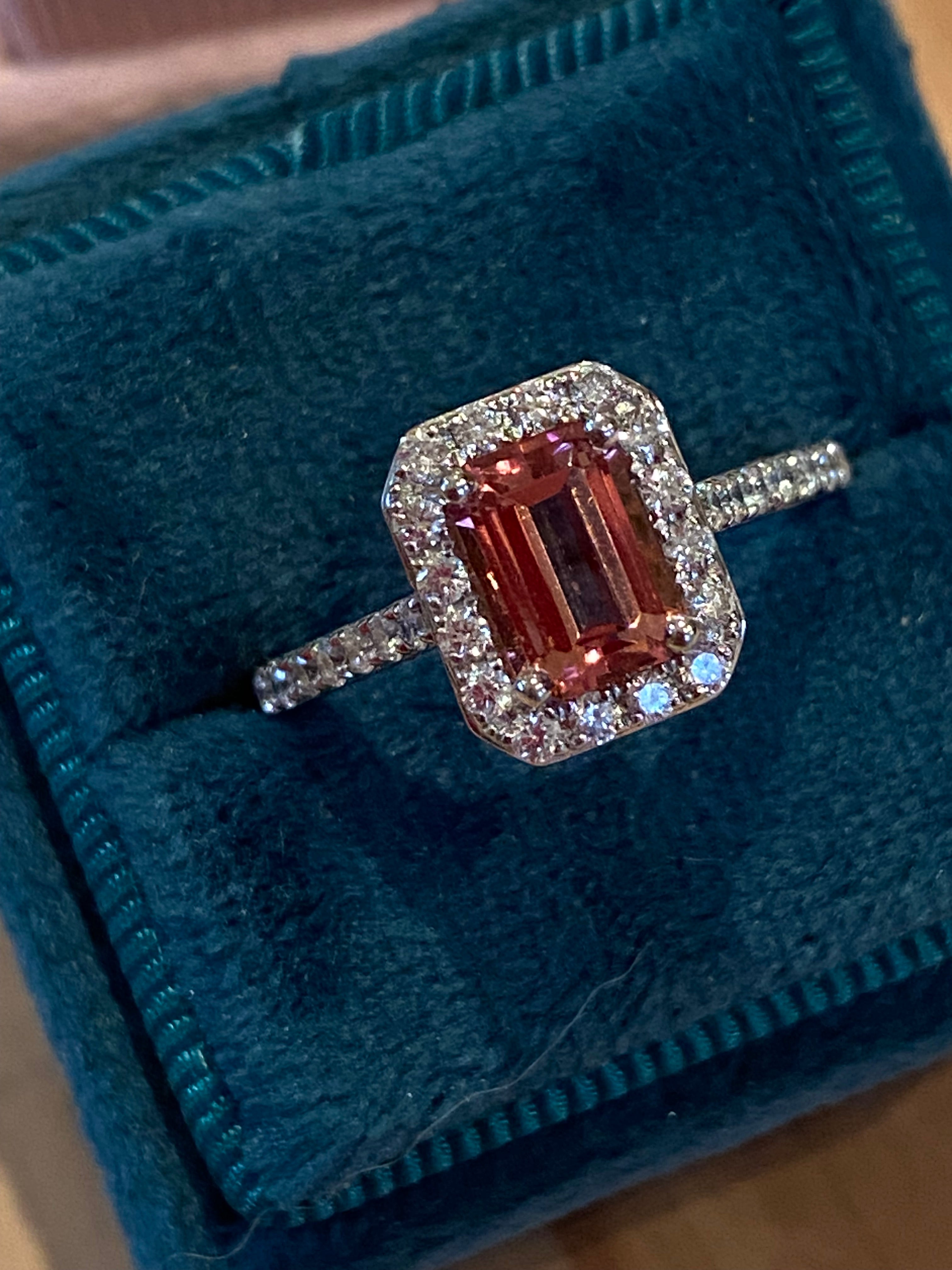 1.42 CTW Emerald Cut Pink Tourmaline and Natural Diamond Halo Ring in Platinum