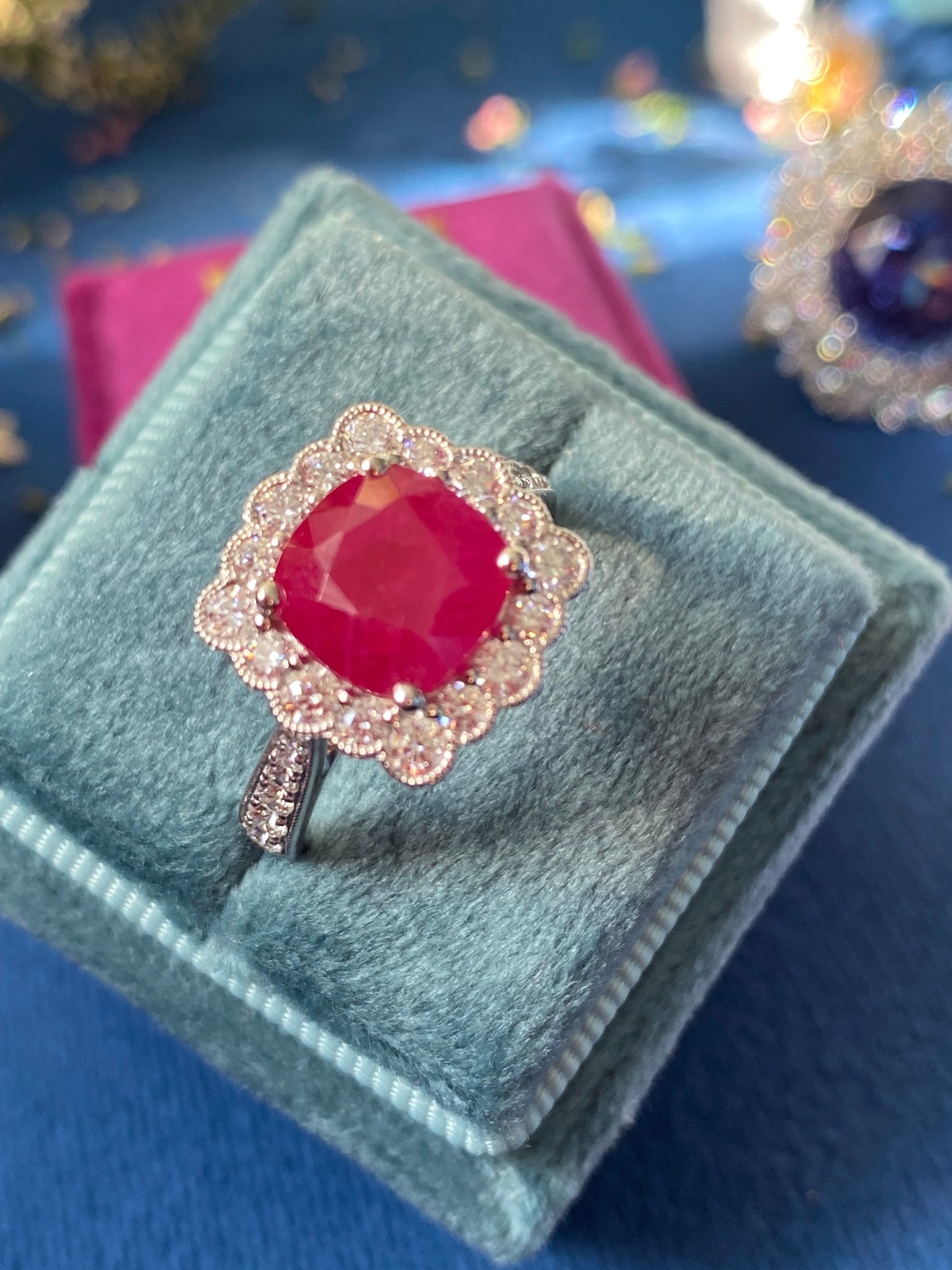 3.29 Carat Cushion-Cut Ruby and 0.78 ctw Natural Diamond Halo Ring in Platinum