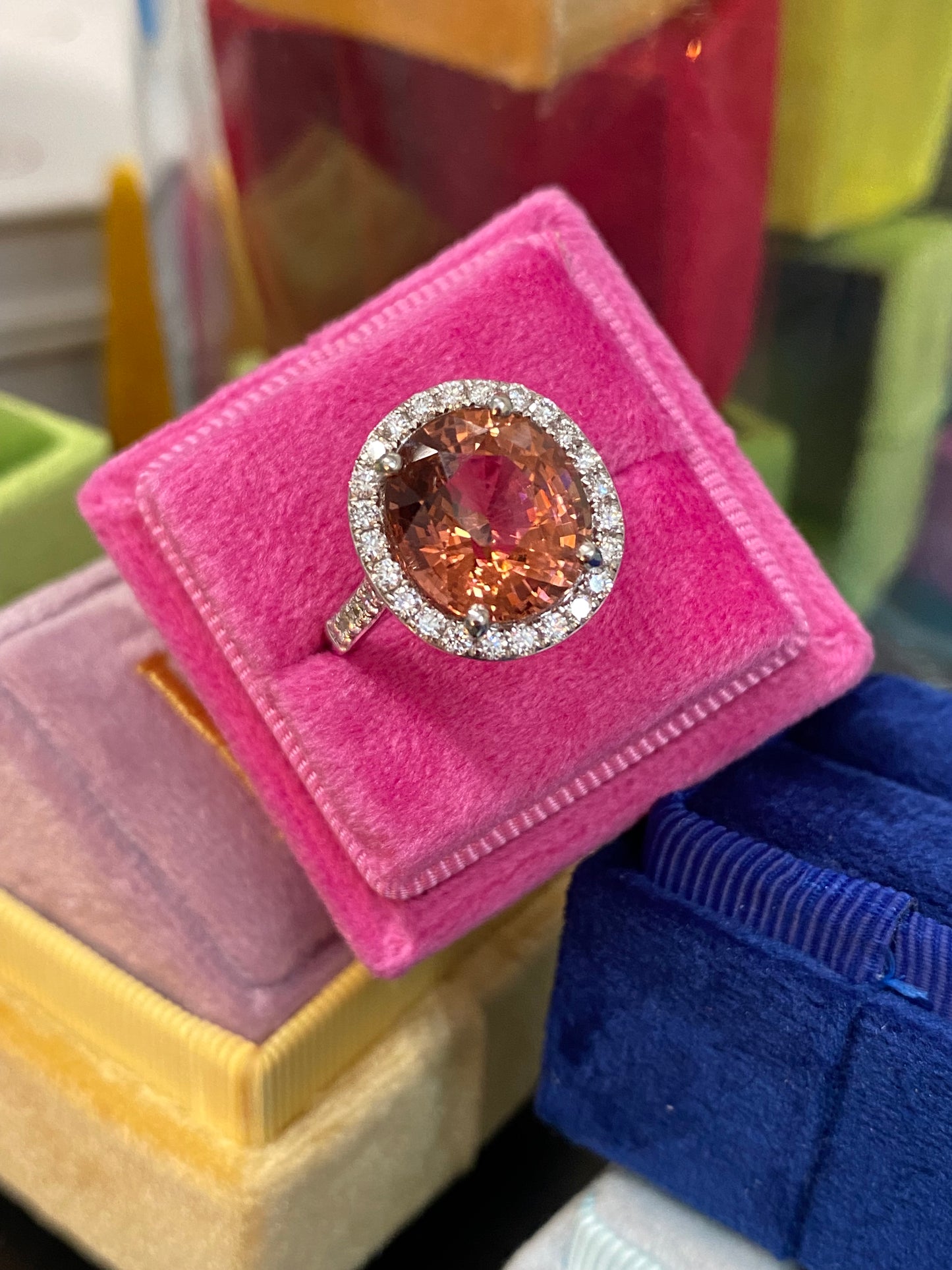 6.10 Carat Oval Cut Rose Pink Tourmaline and Natural Diamond Ring in Platinum