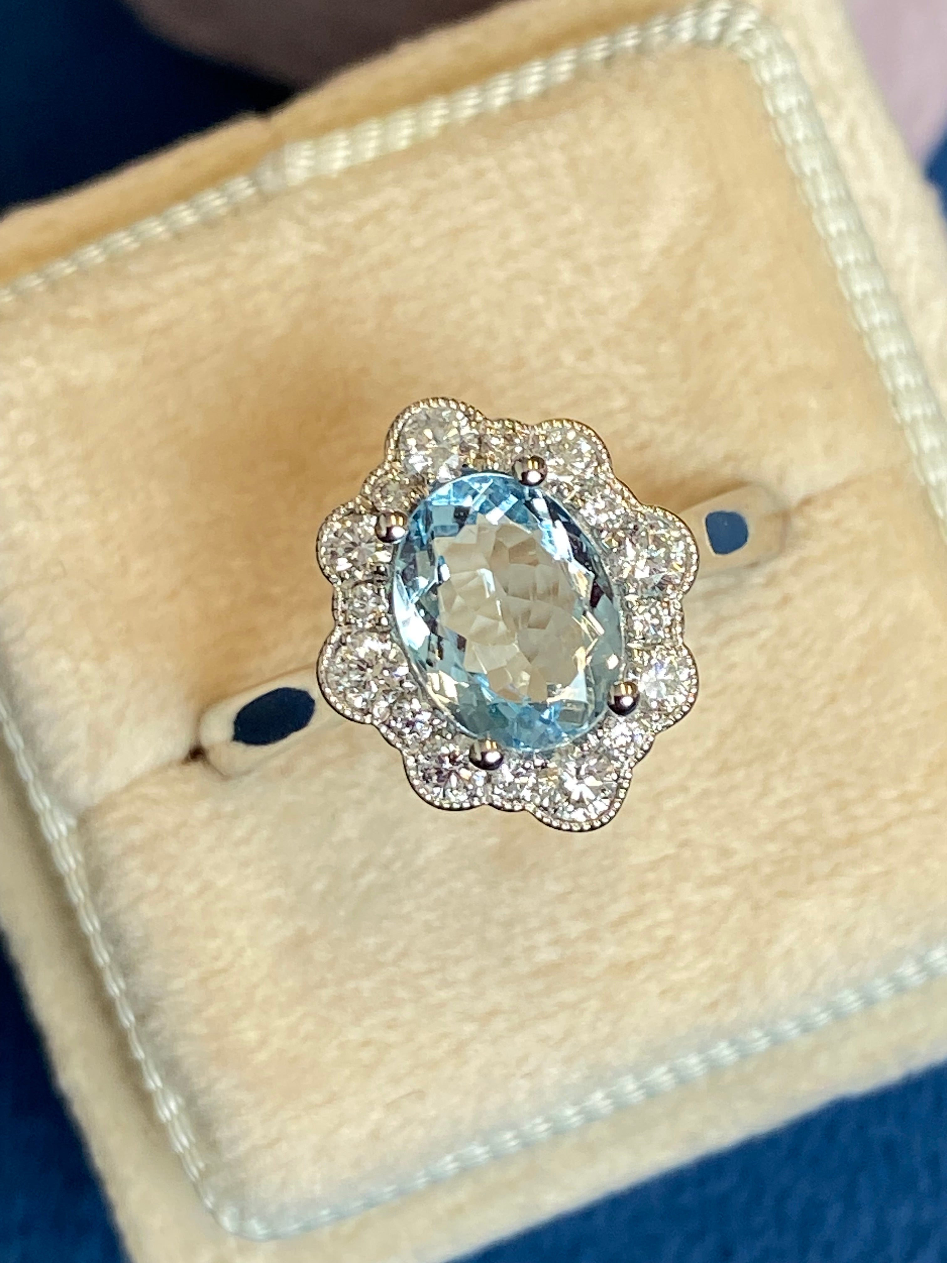 1.55 CTW Oval Cut Aquamarine and Natural Diamond Halo Engagement Ring in Platinum