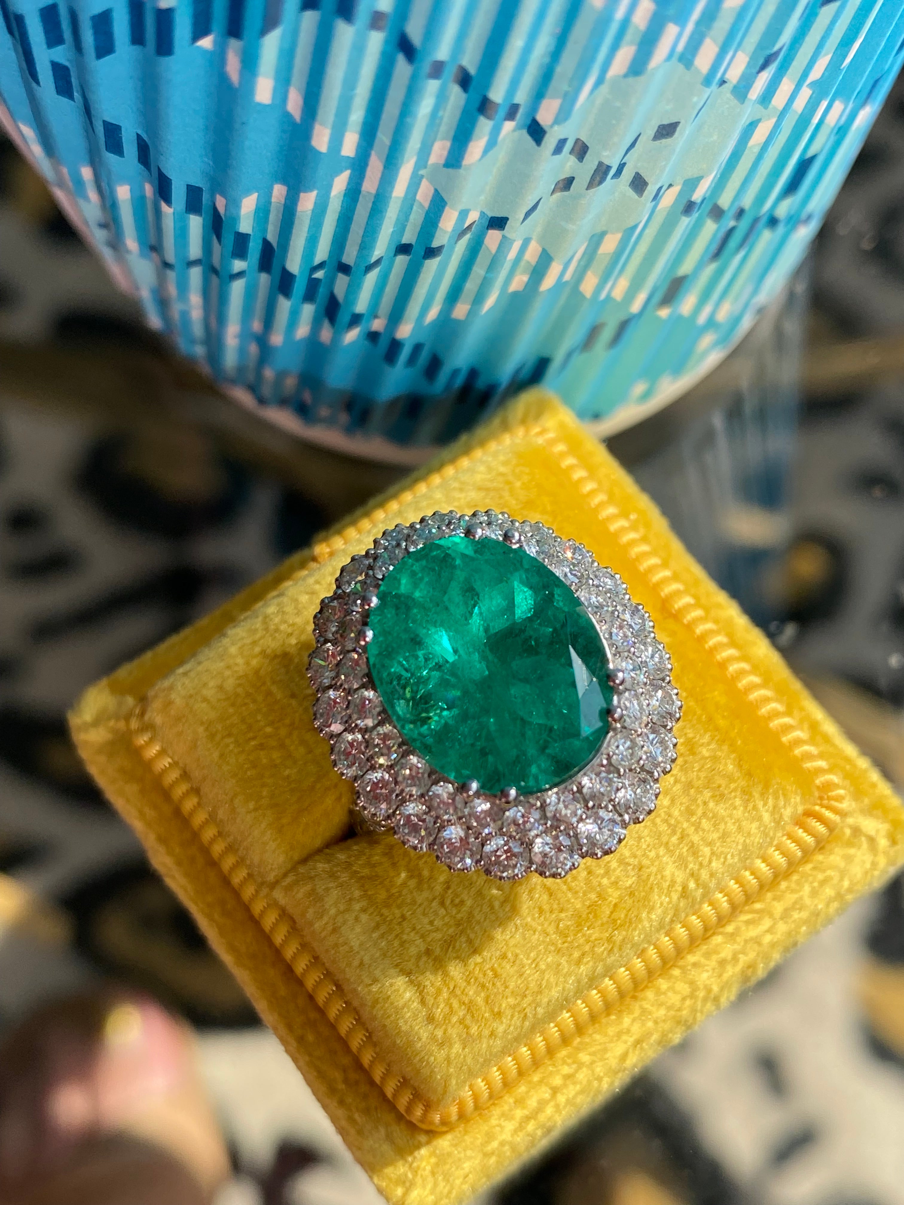 9.10 CTW Colombian Emerald and Natural Diamond Double Halo Ring in Platinum