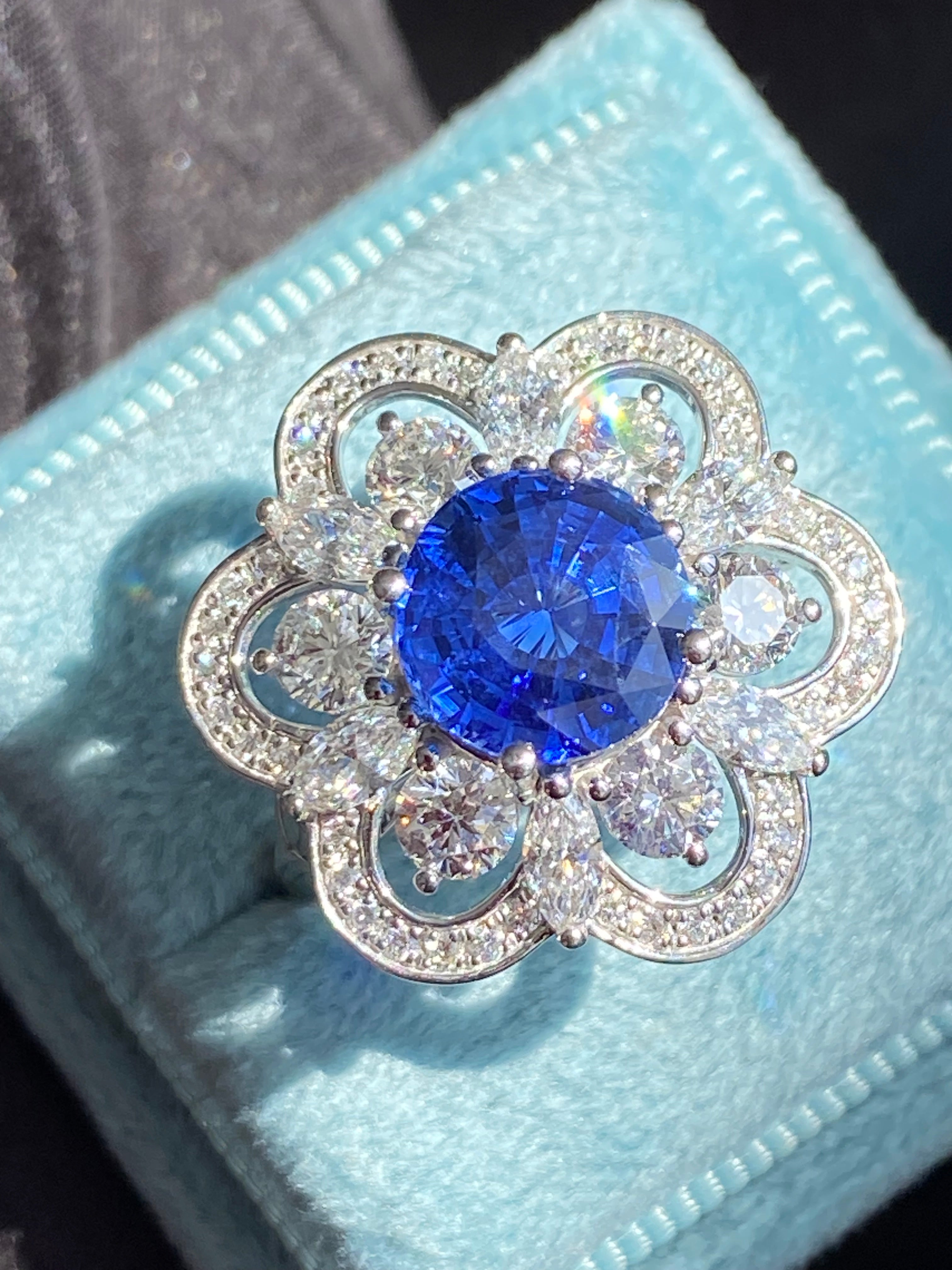 Masterpiece Showstopper 5.44 CTW Ceylon Sapphire and Natural Diamond Halo Cocktail Ring in Platinum