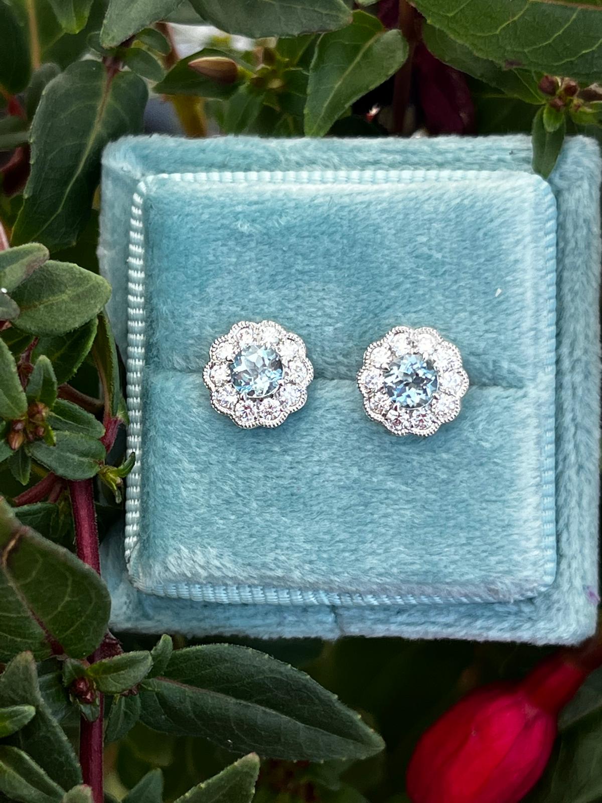 Aquamarine and Natural Diamond Halo Stud Earrings in 18ct White Gold