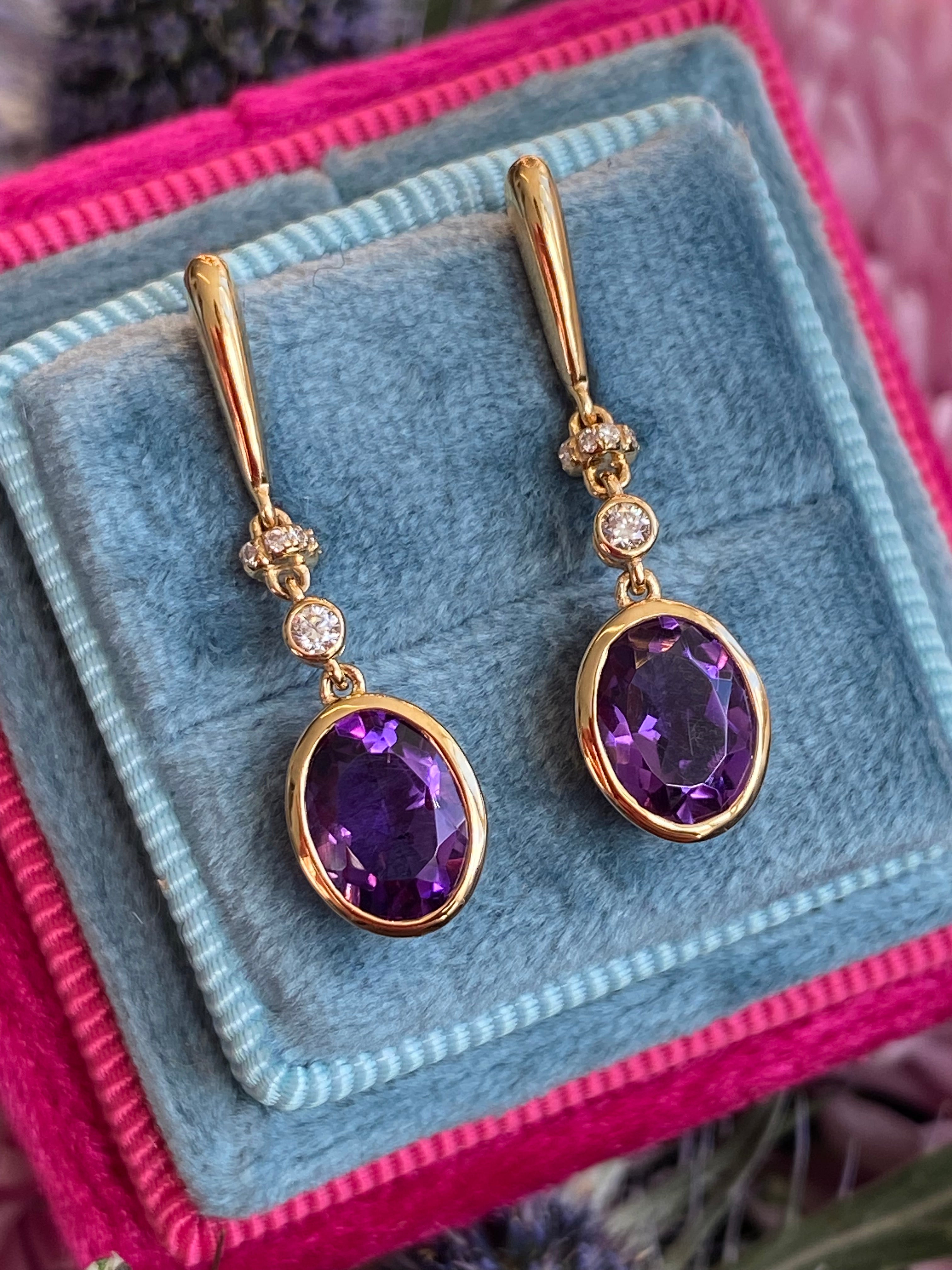 2.47 CTW Amethyst and Diamond Drop Earrings in 18ct Yellow Gold