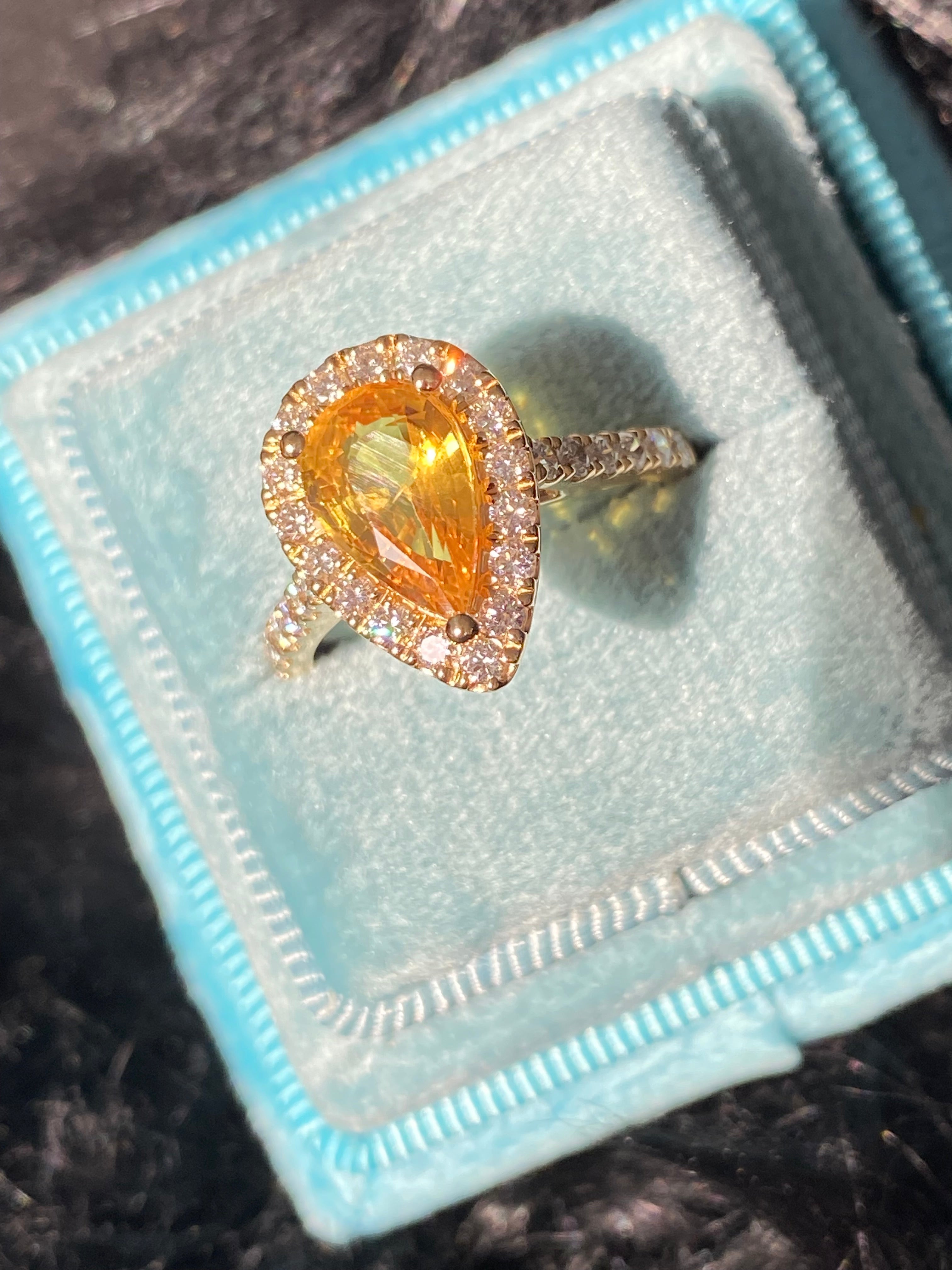 2.72 CTW Pear Cut Orange Sapphire and Natural Diamond Ring in 18ct Yellow Gold