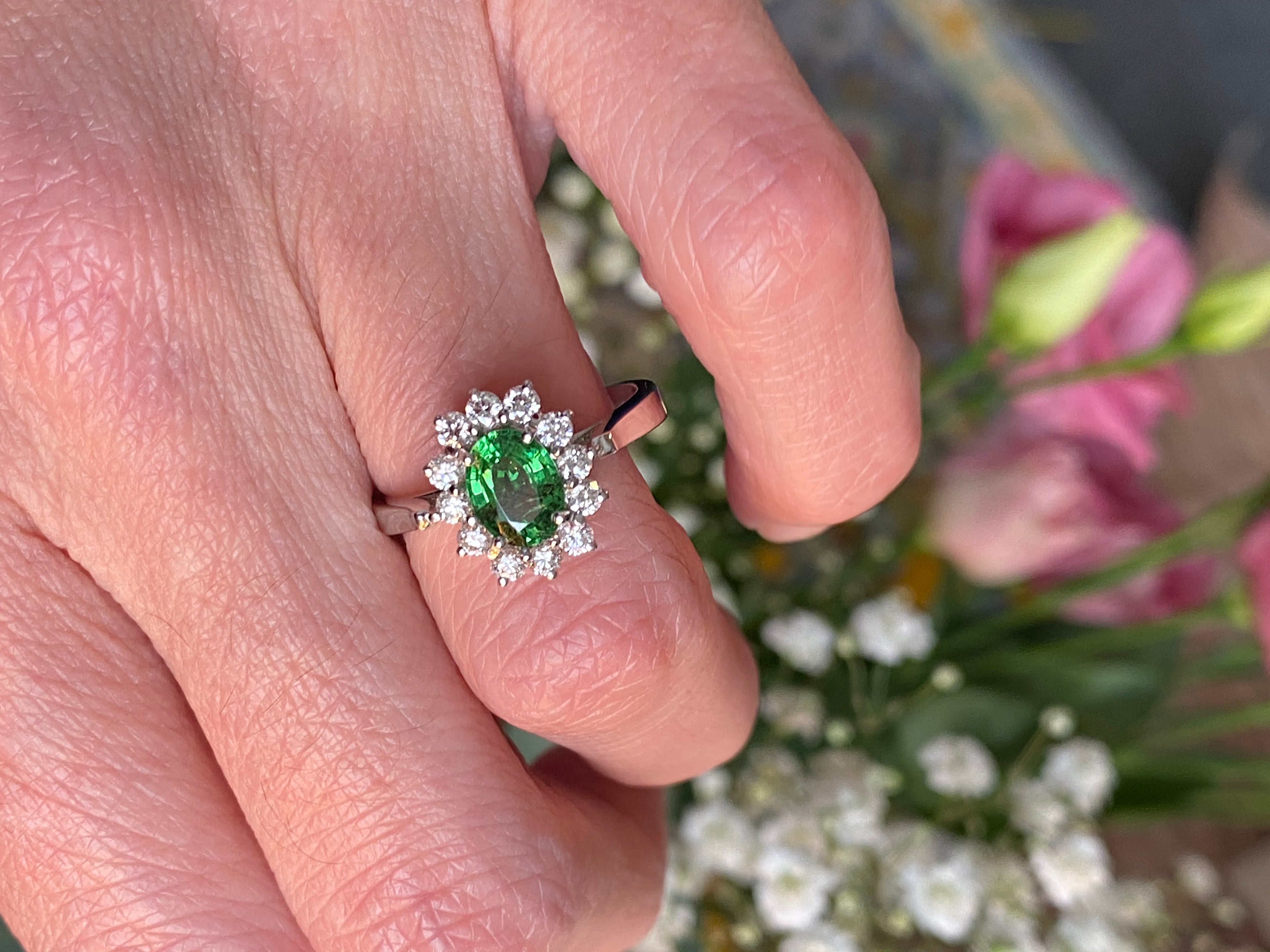 1.50 CTW Tsavorite Garnet and Diamond Halo Engagement Ring in 18ct White Gold