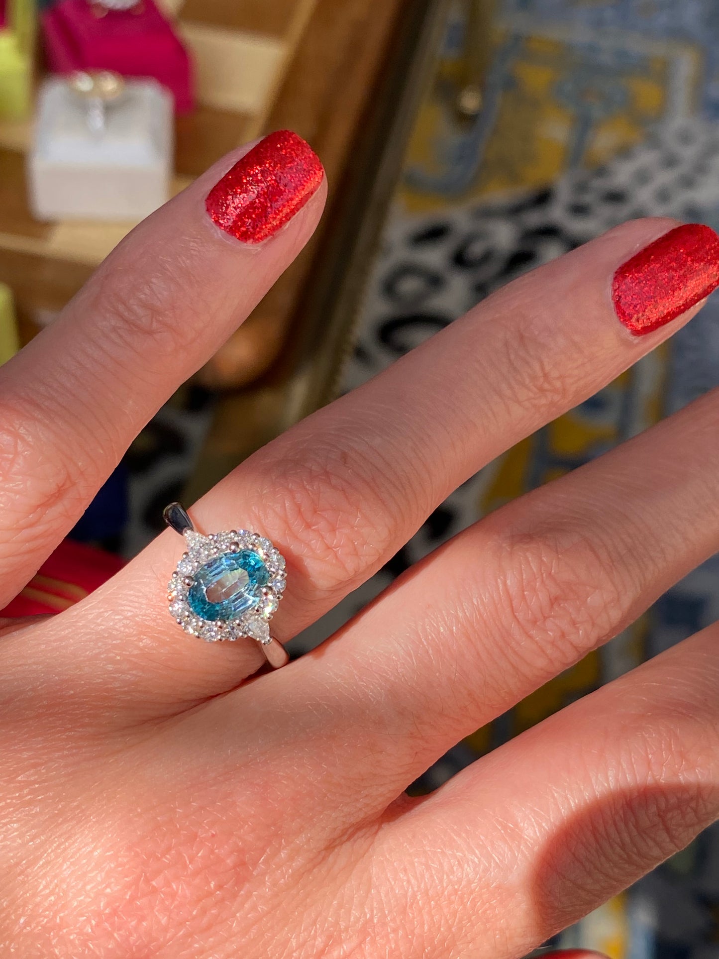 1.78 Carat Blue Zircon and Natural Diamond Halo Ring in Platinum