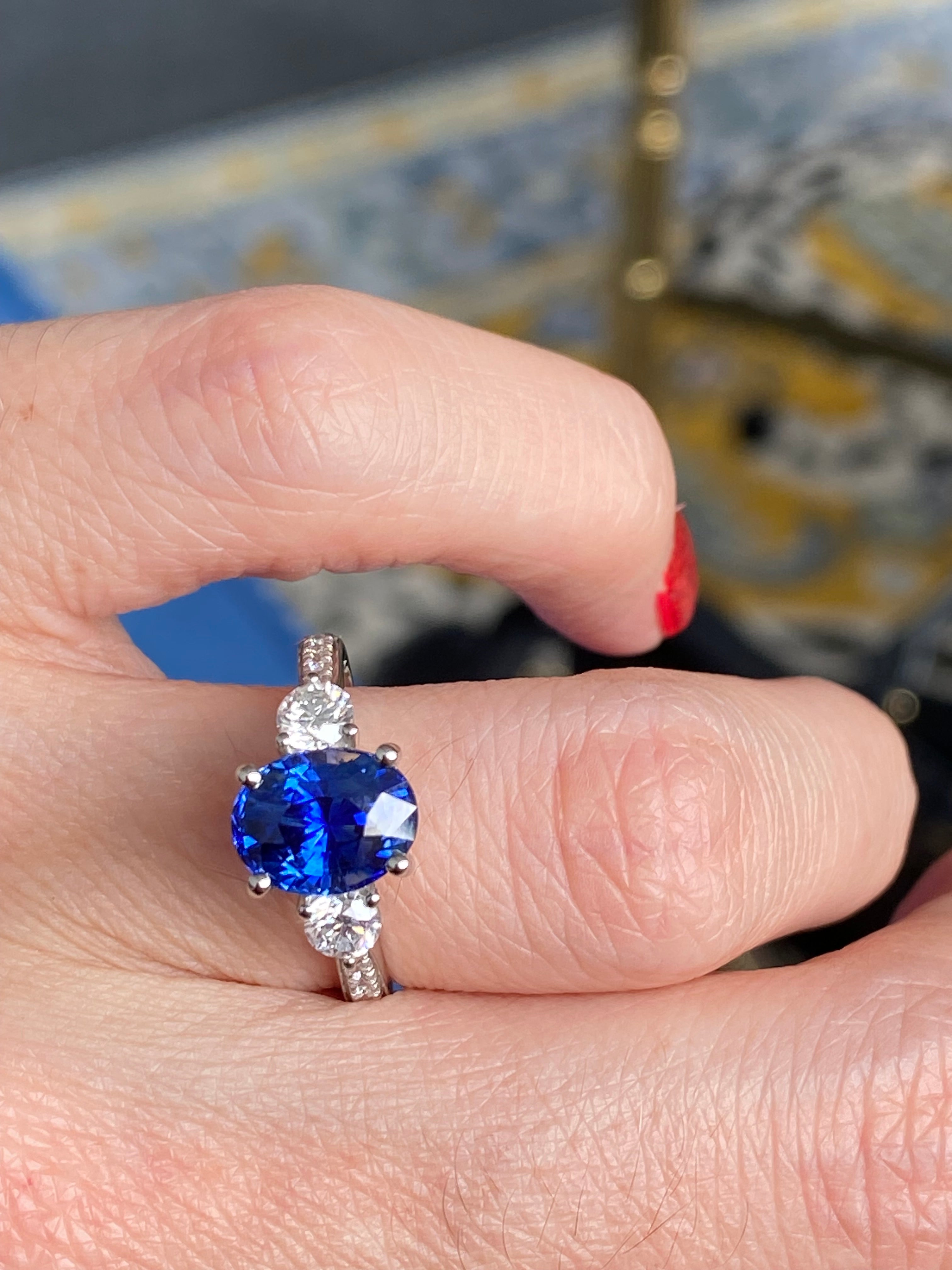 3.68 CTW Blue Ceylon Sapphire and Natural Diamond Three Stone Engagement Ring in Platinum