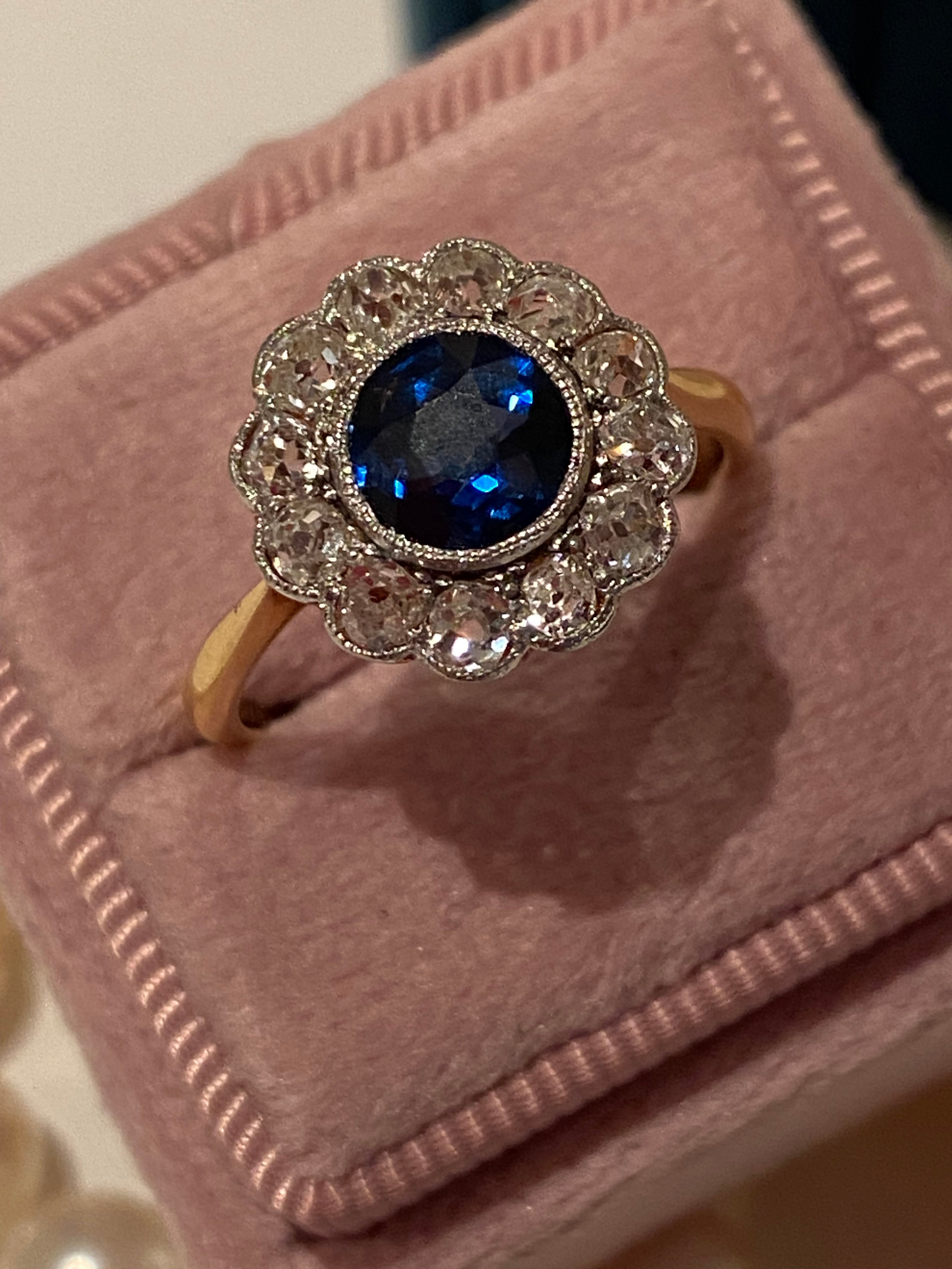 2.25 CTW Antique Edwardian Old Cut Sapphire and Diamond Daisy Ring in 18ct Gold and Platinum