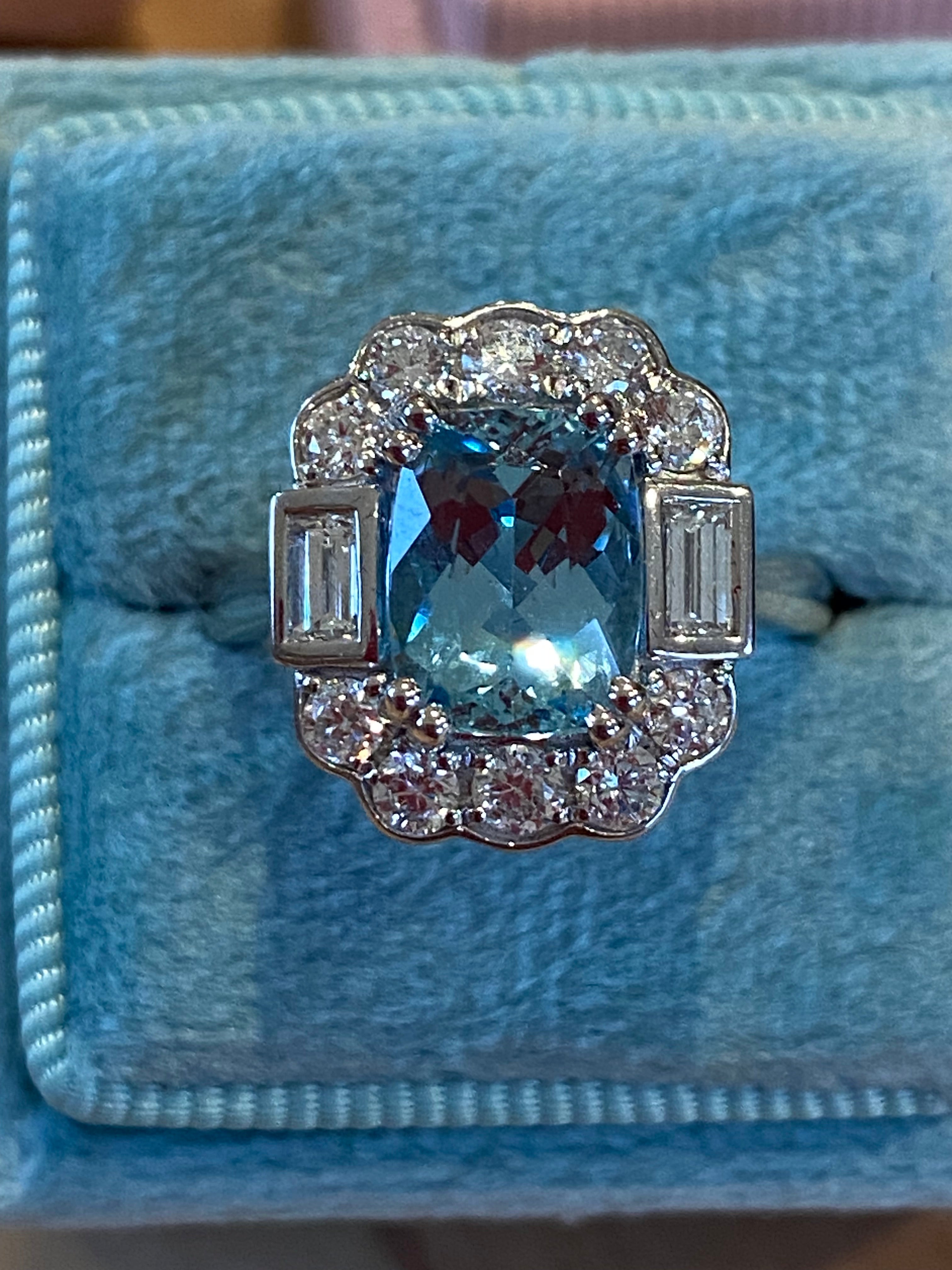 2.86 CTW Cushion Cut Aquamarine and Diamond Engagement Ring in Platinum