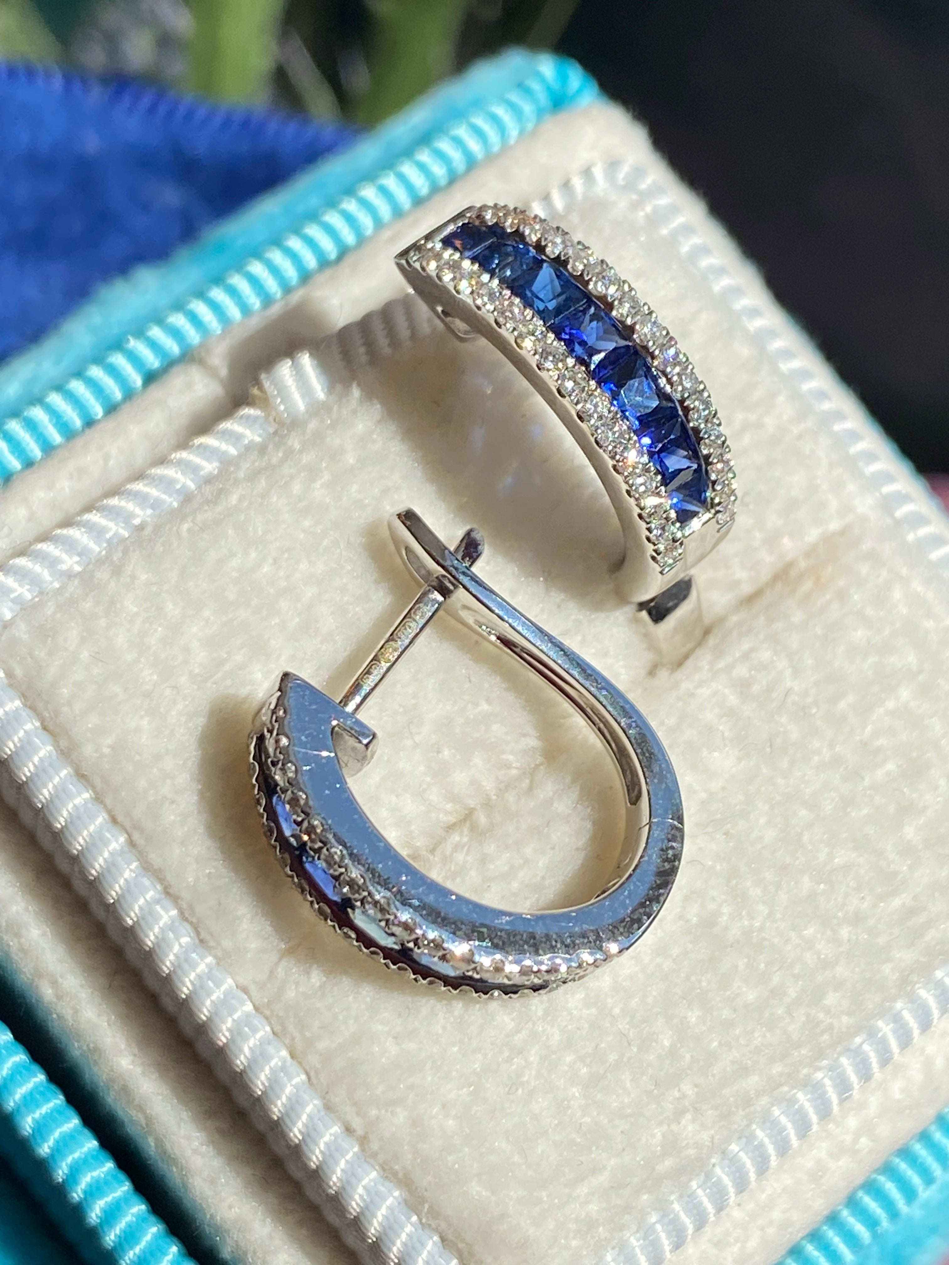 1.25 CTW Sapphire and Natural Diamond Hoop Earrings in 18ct White Gold