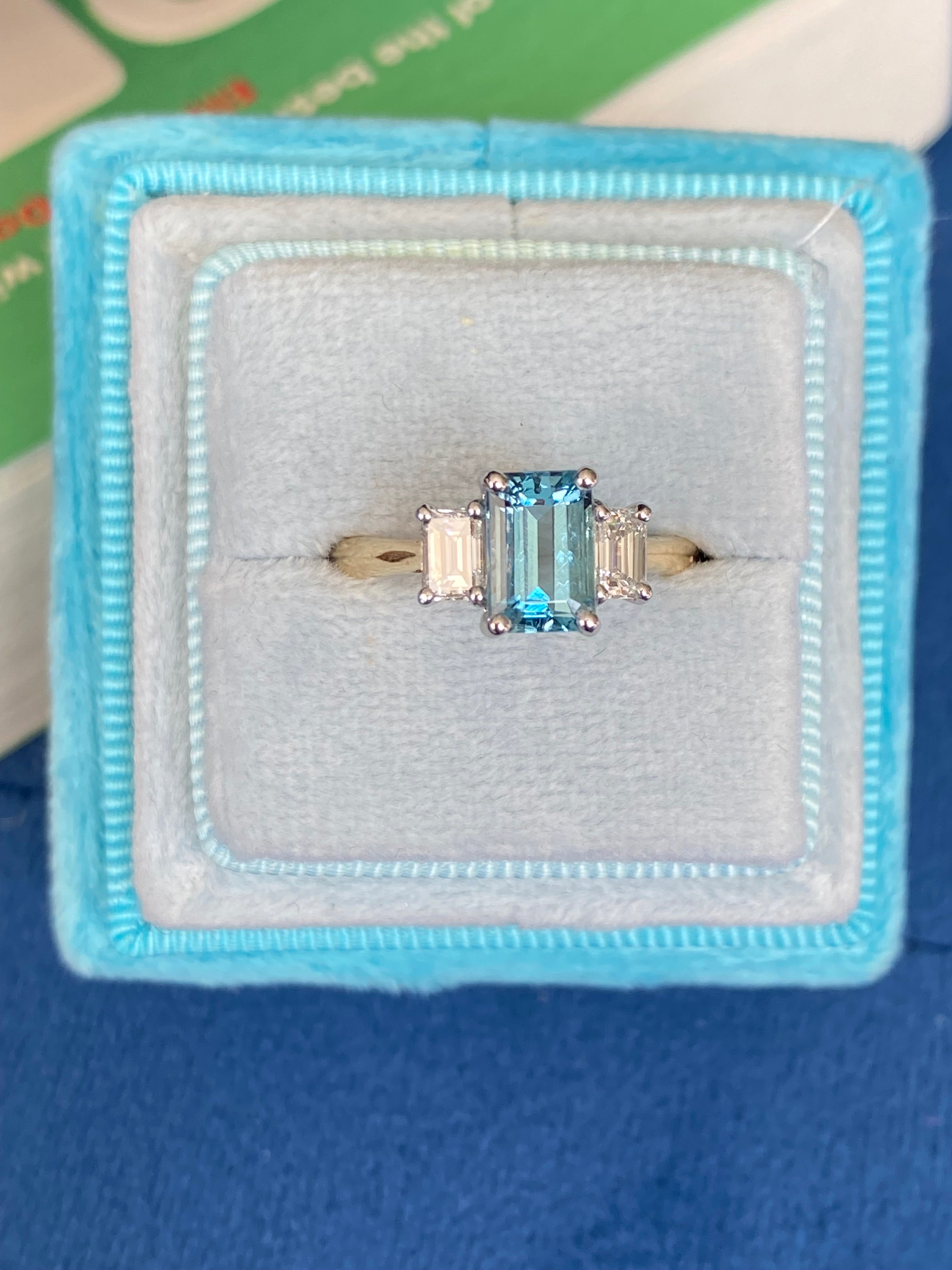 1.73 CTW Aquamarine and Natural Diamond Three Stone Ring in Platinum and 18ct Yellow Gold