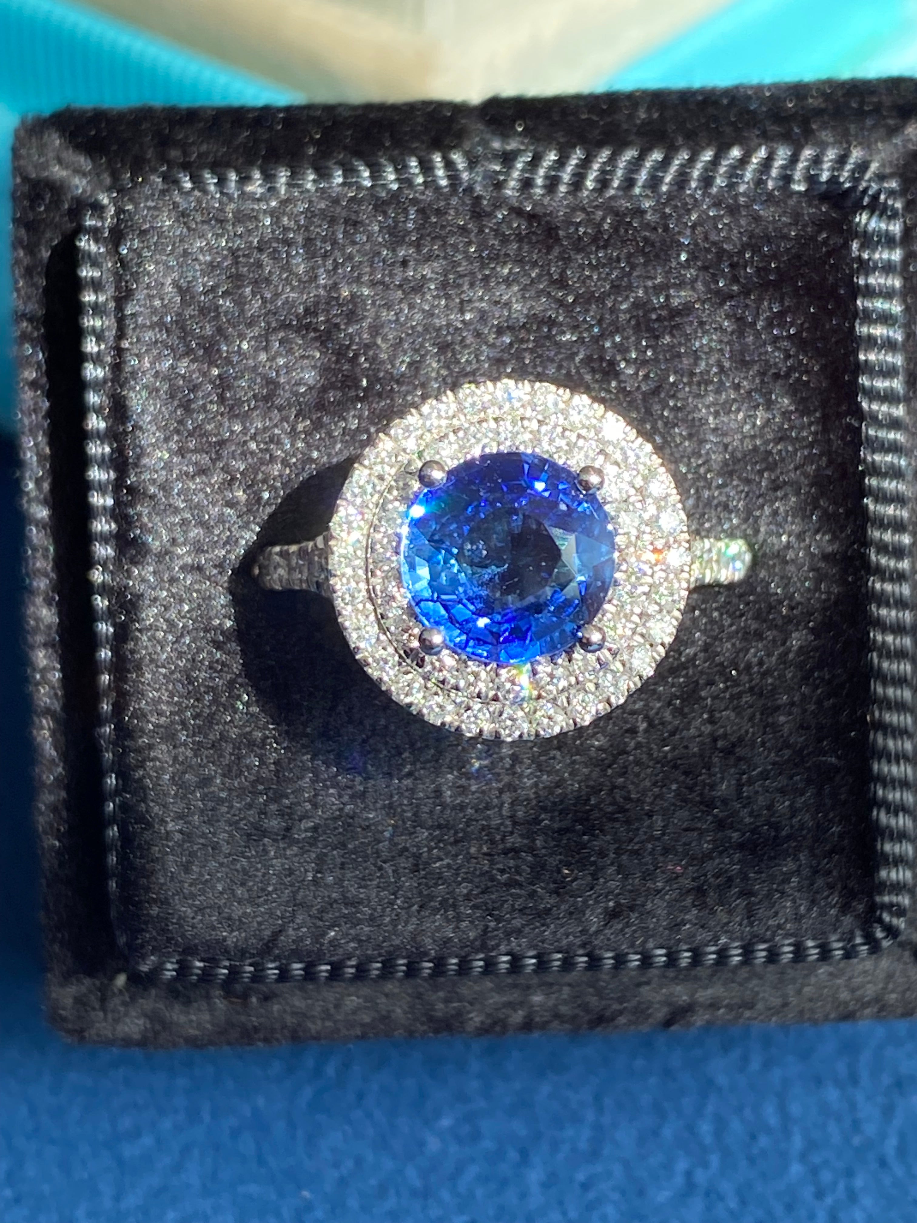 2.56 CTW Blue Ceylon Sapphire and Natural Diamond Double Halo Ring in Platinum