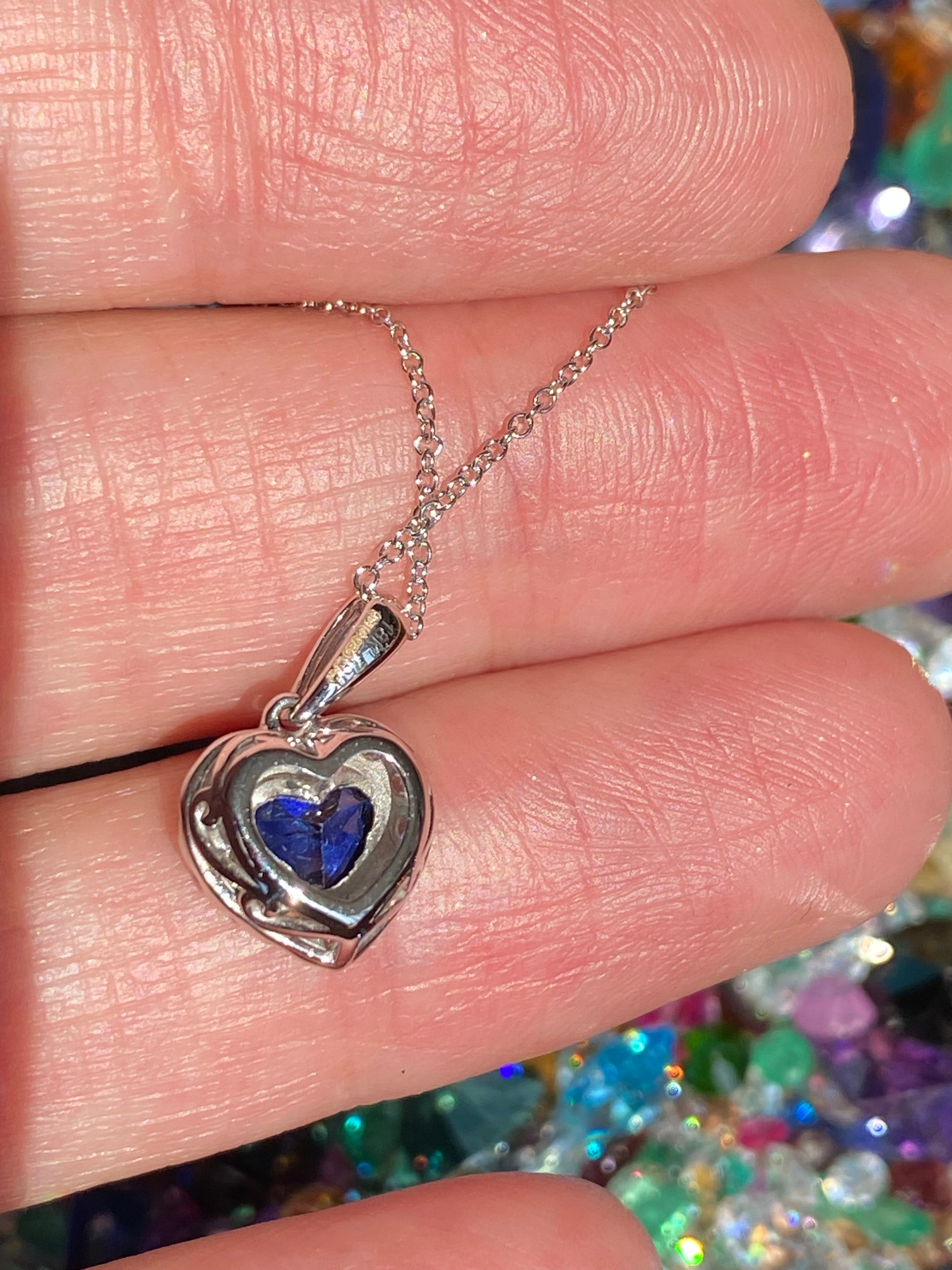 1.11 CTW Heart Shaped Ceylon Sapphire and Natural Diamond Pendant Necklace in 18ct White Gold