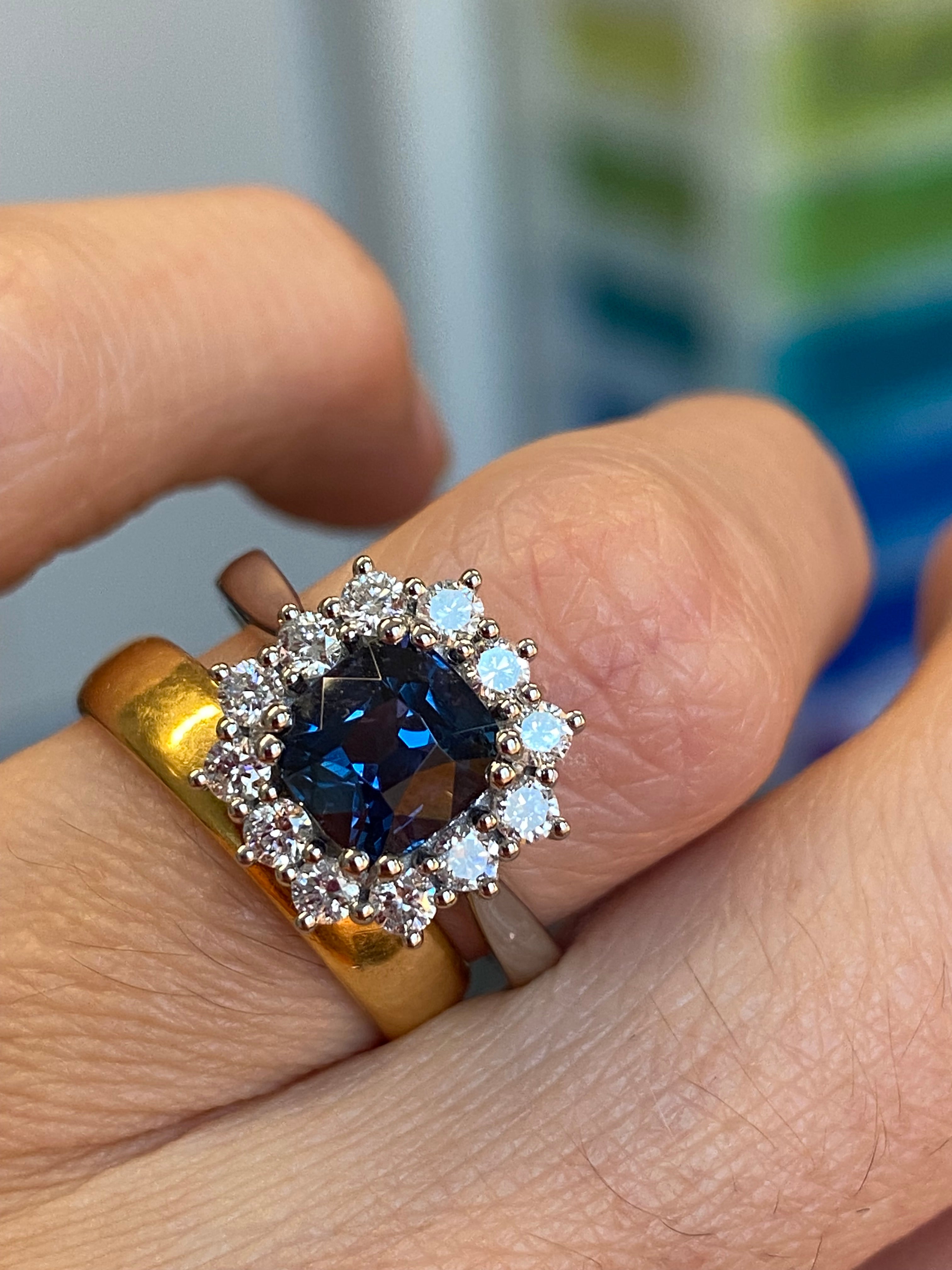 2.00 Carat Cushion Cut Teal Sapphire and Natural Diamond Halo Ring in Platinum