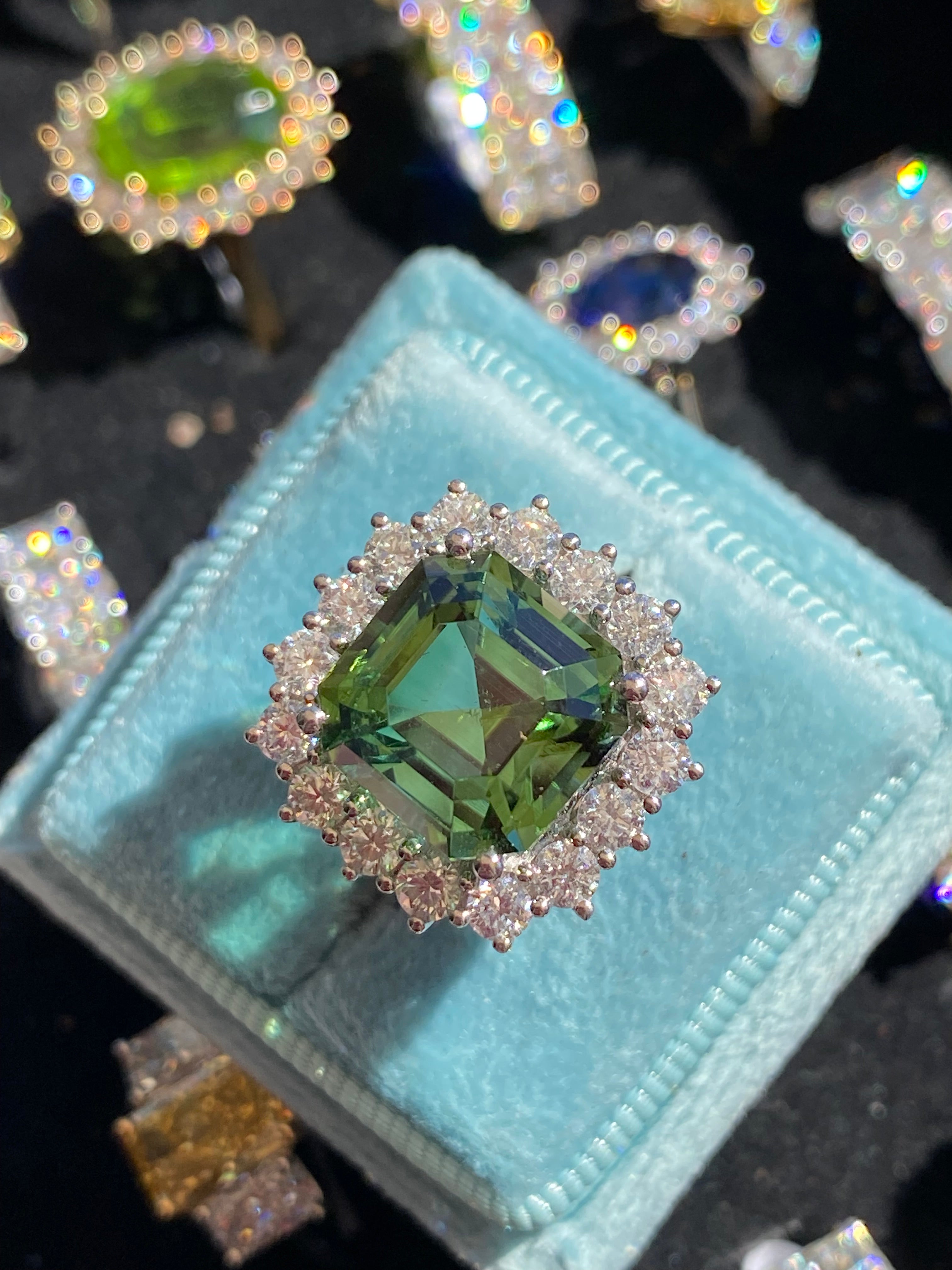 8.44 Carat Asscher Cut Green Tourmaline and 1.38ctw Natural Diamond Ring in Platinum