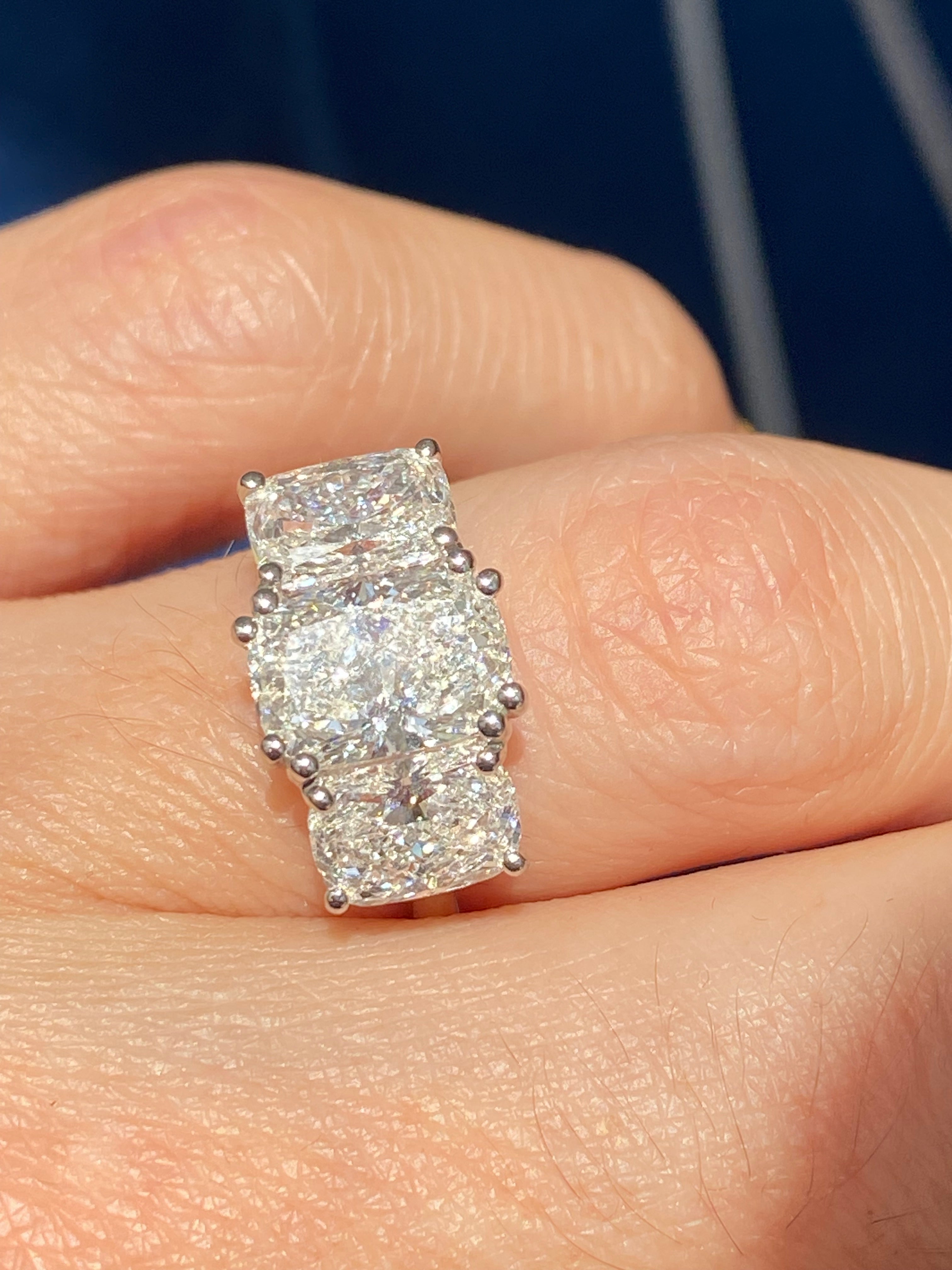 4.10 CTW Cushion Cut D Colour VS1 Lab Diamond Three Stone Ring in Platinum