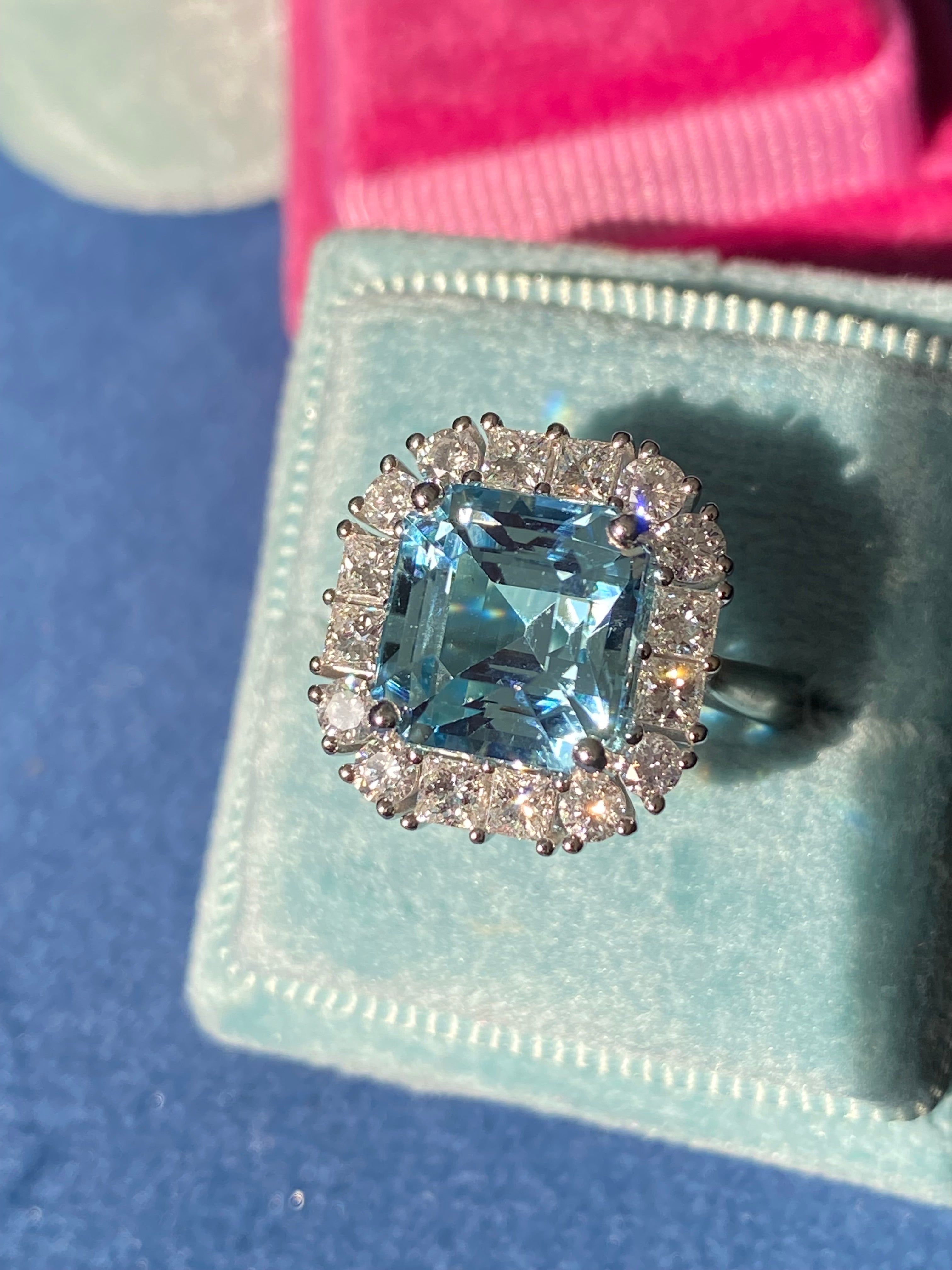 6.11 CTW Emerald Cut Aquamarine and Natural Diamond Halo Engagement Ring in Platinum