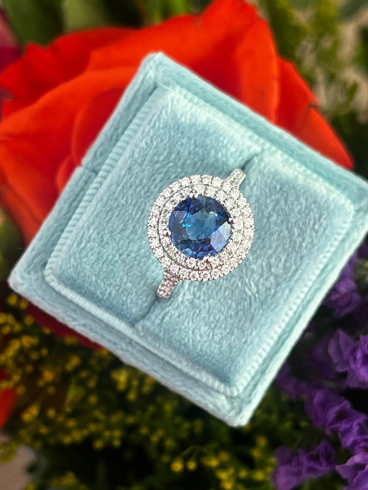 2.56 CTW Blue Ceylon Sapphire and Natural Diamond Double Halo Ring in Platinum