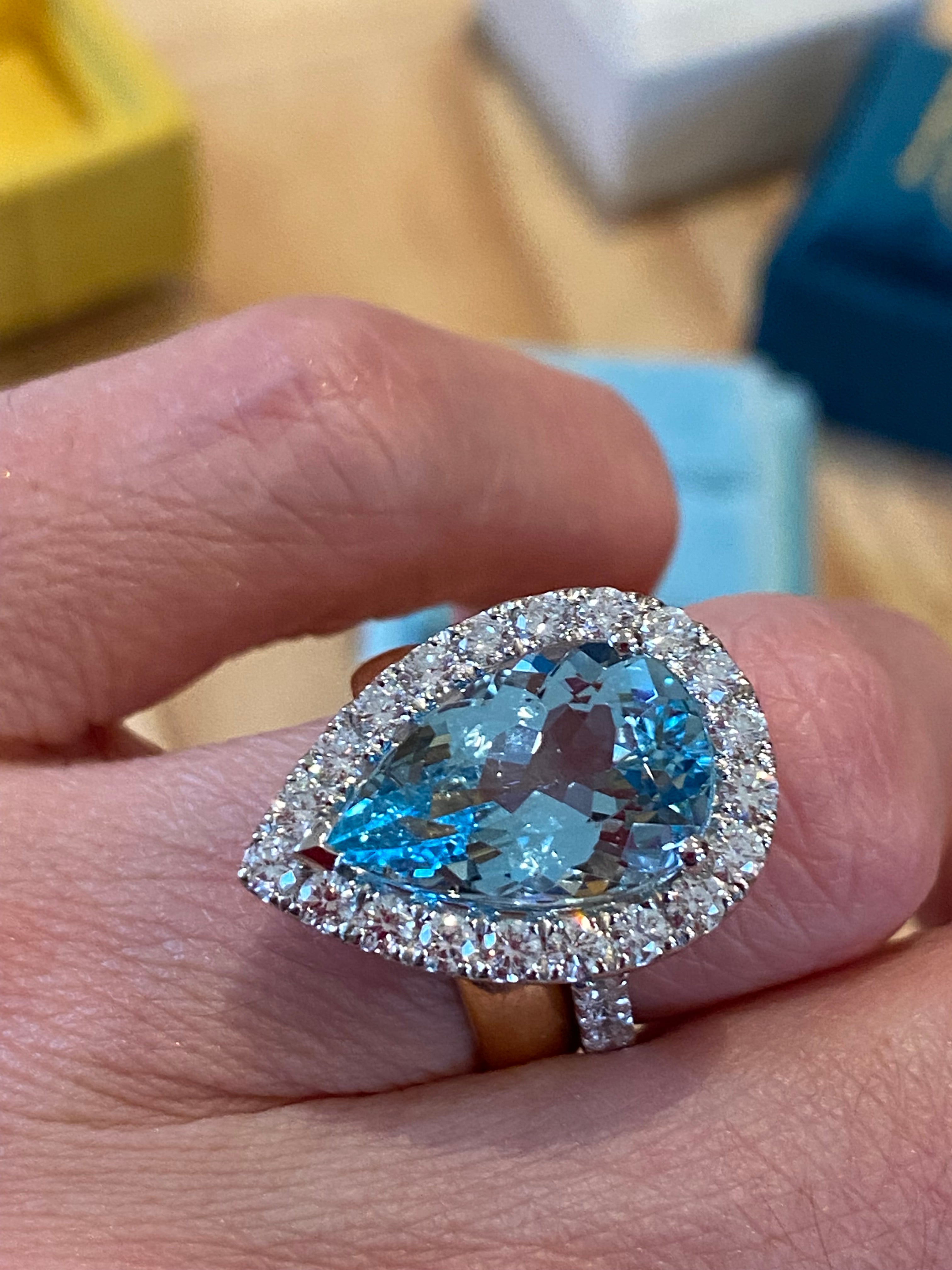 5.36 Carat Pear Cut Aquamarine and 1.38ctw Natural Diamond Ring in Platinum