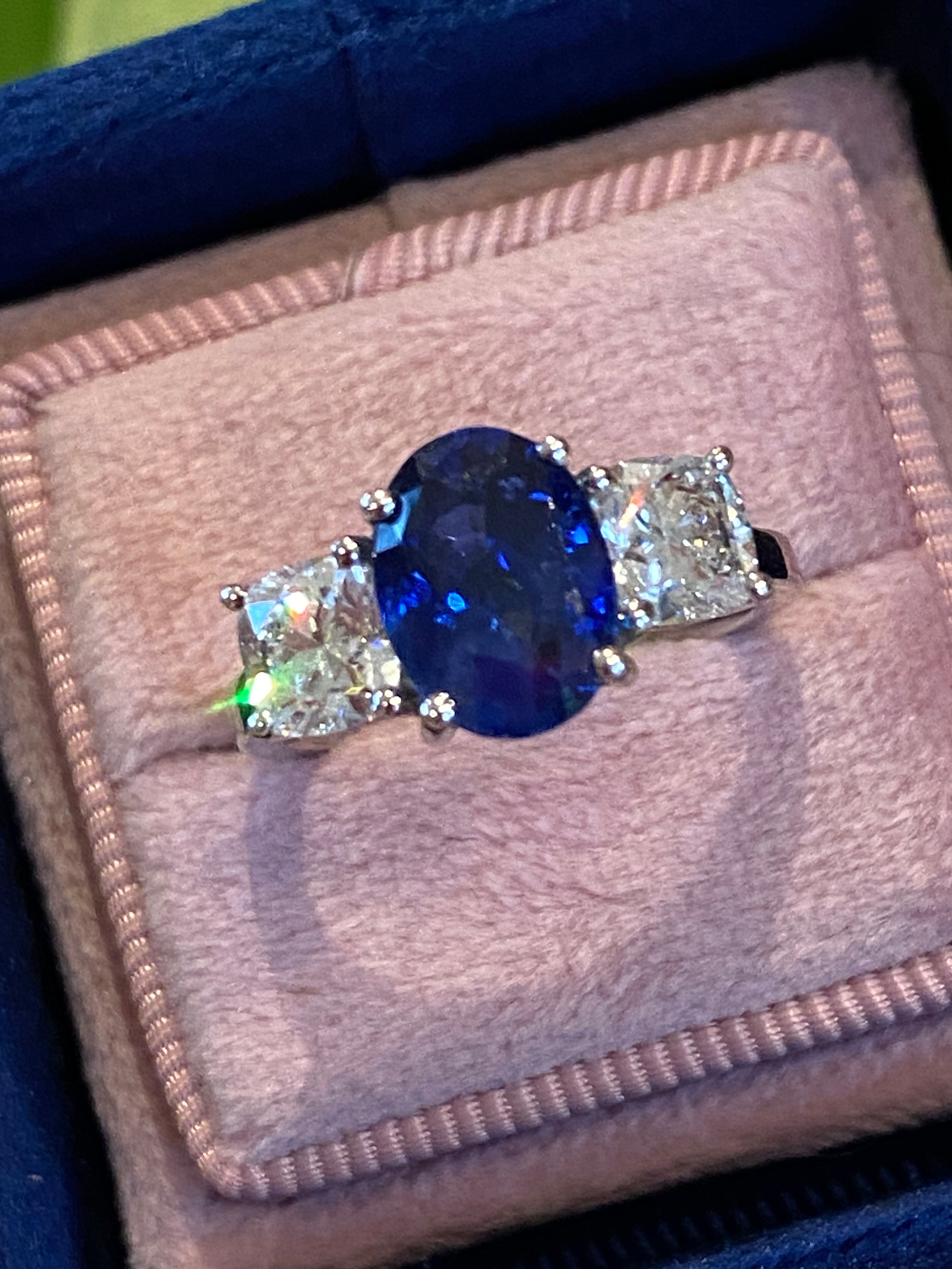 4.33 CTW Blue Ceylon Sapphire and Natural Diamond Three Stone Engagement Ring in Platinum