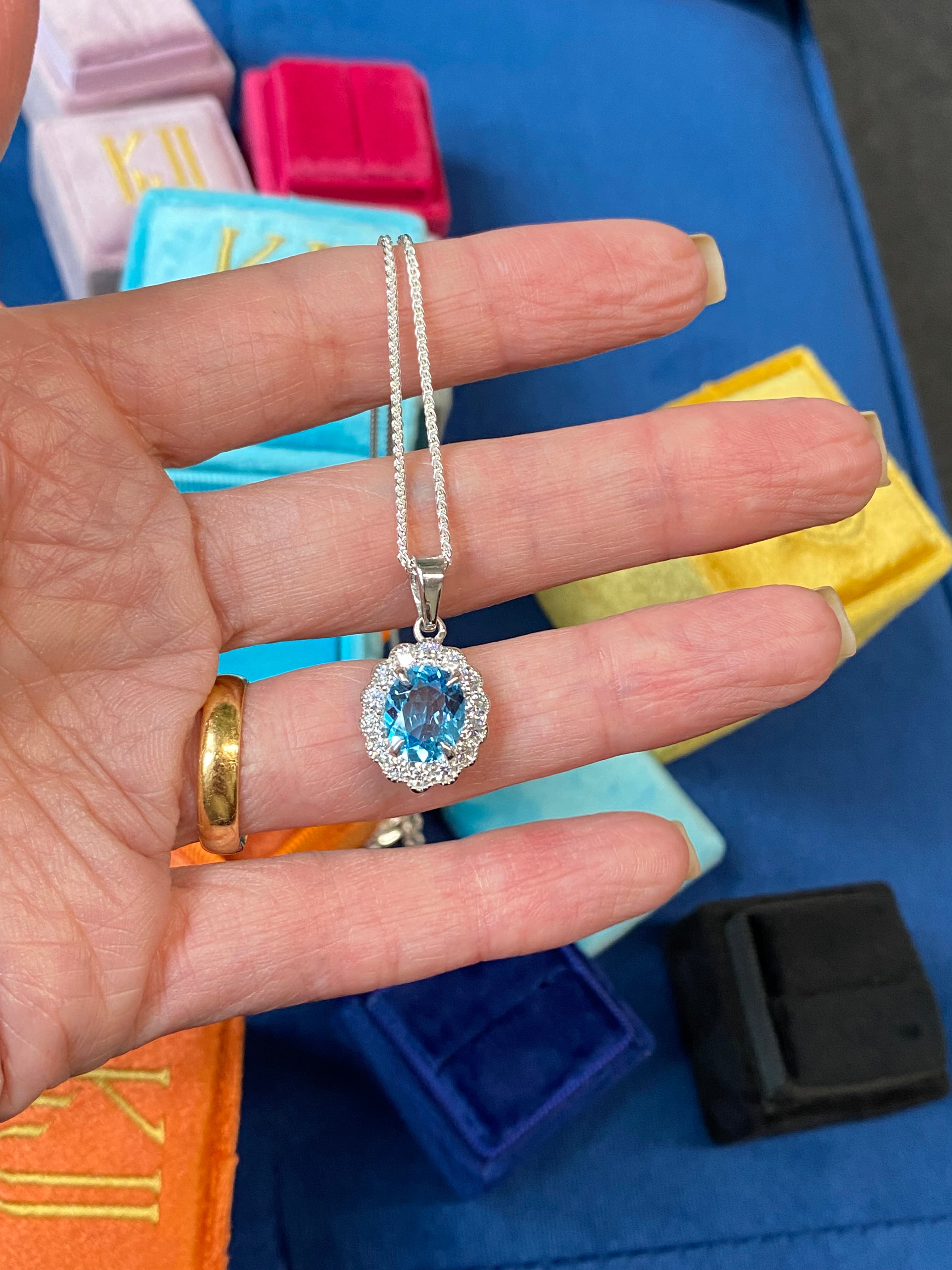 5.00 CTW Blue Topaz and Moissanite Halo Pendant Necklace in Sterling Silver