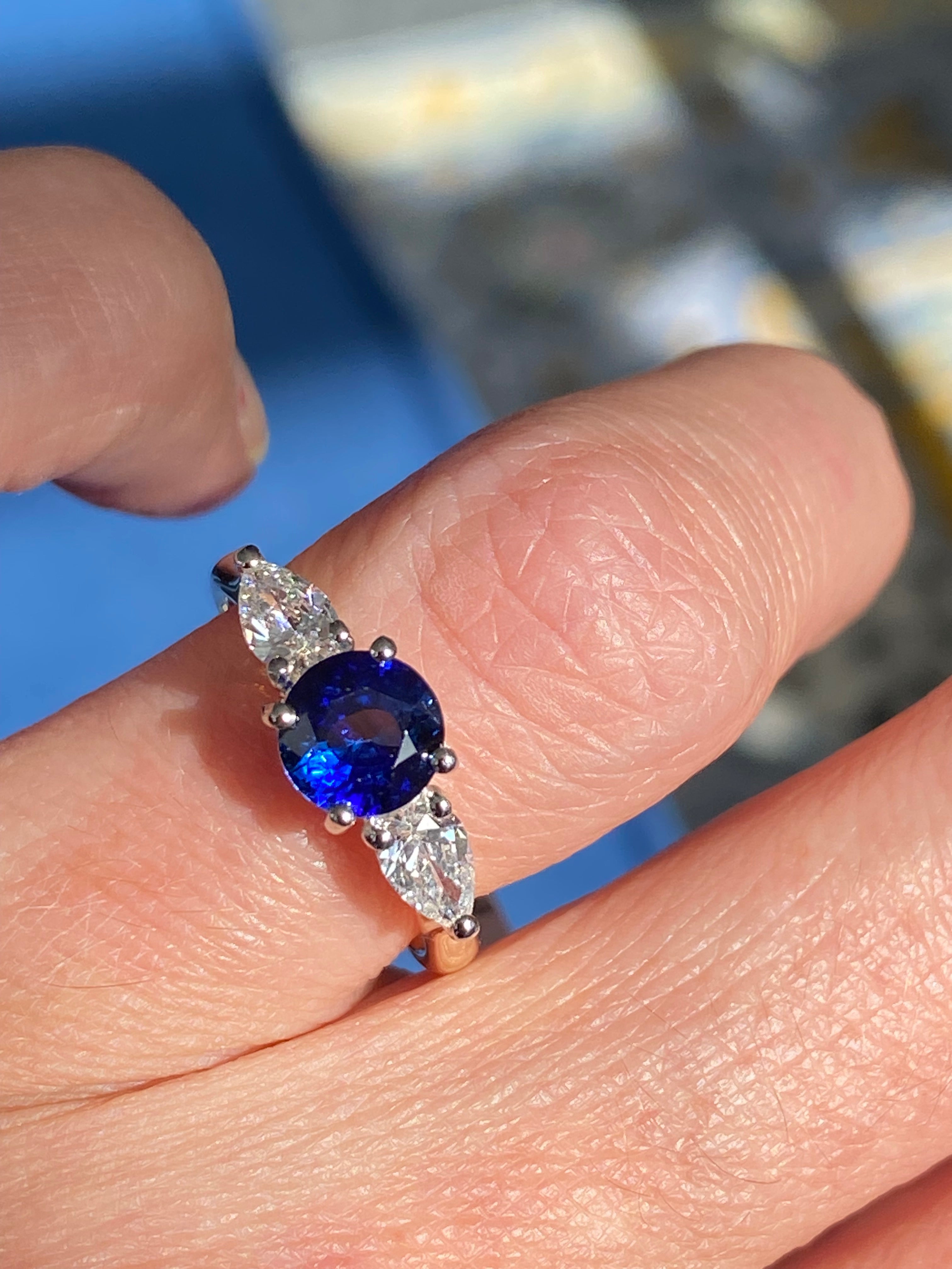 1.52 CTW Blue Ceylon Sapphire and Natural Diamond Three Stone Engagement Ring in Platinum and 18ct Yellow Gold