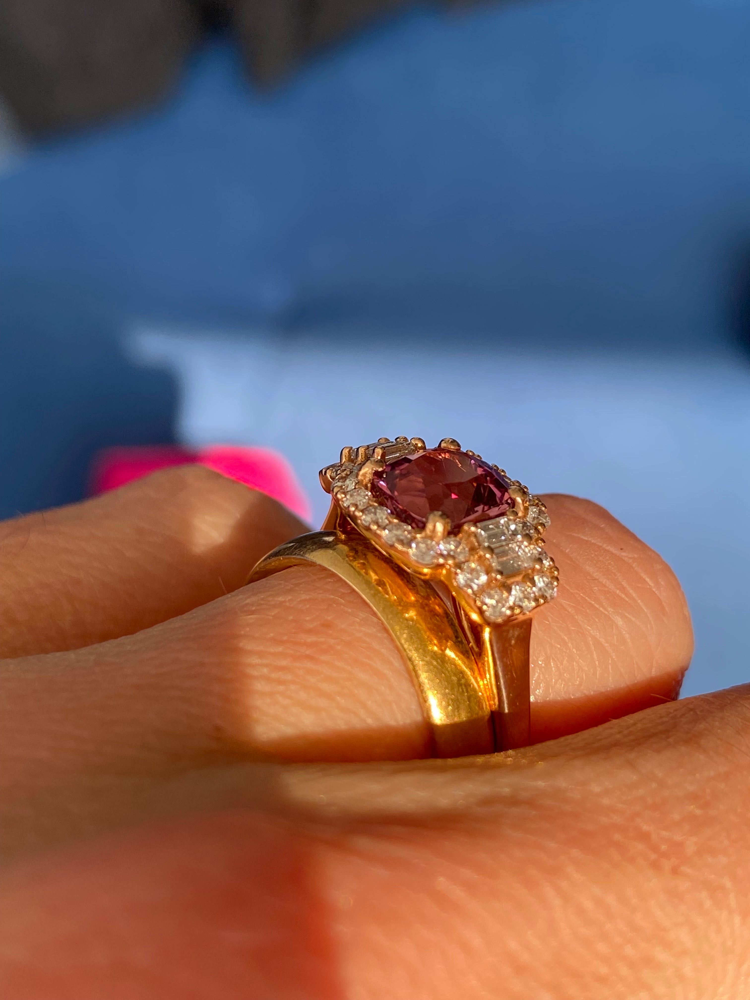 2.02 CTW Pink Tourmaline and Natural Diamond Three Stone Halo Ring in 18ct Rose Gold