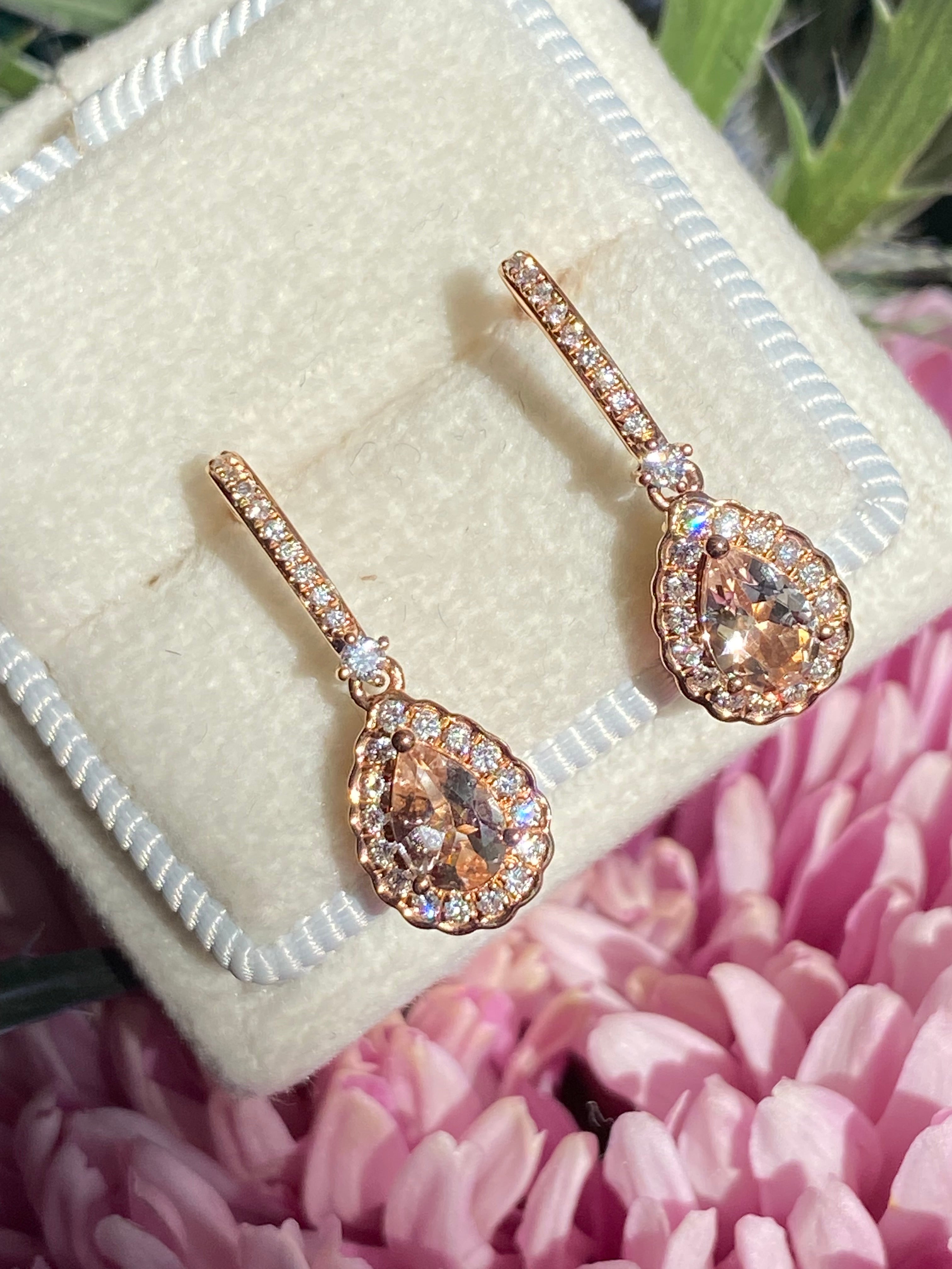 Beautiful Pear Cut Morganite and Natural Diamond Drop Earrings in 18ct Rose Gold