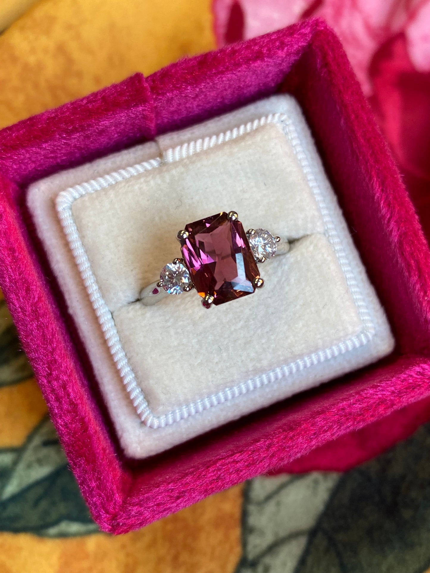 2.46 Carat Cut Pink Tourmaline and Diamond Ring in Platinum