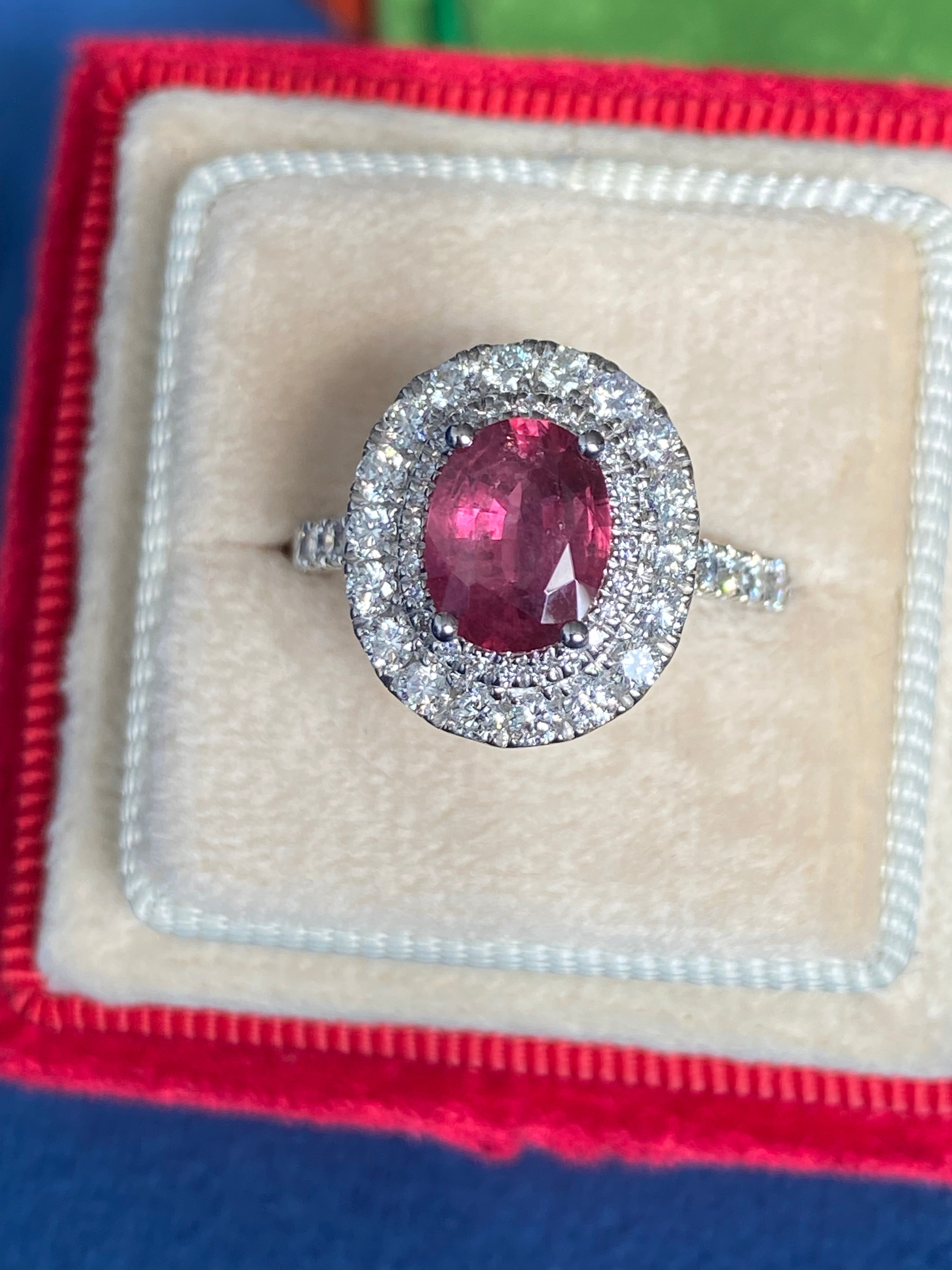 2.56 CTW Oval-Cut Ruby and Natural Diamond Double Halo Ring in Platinum