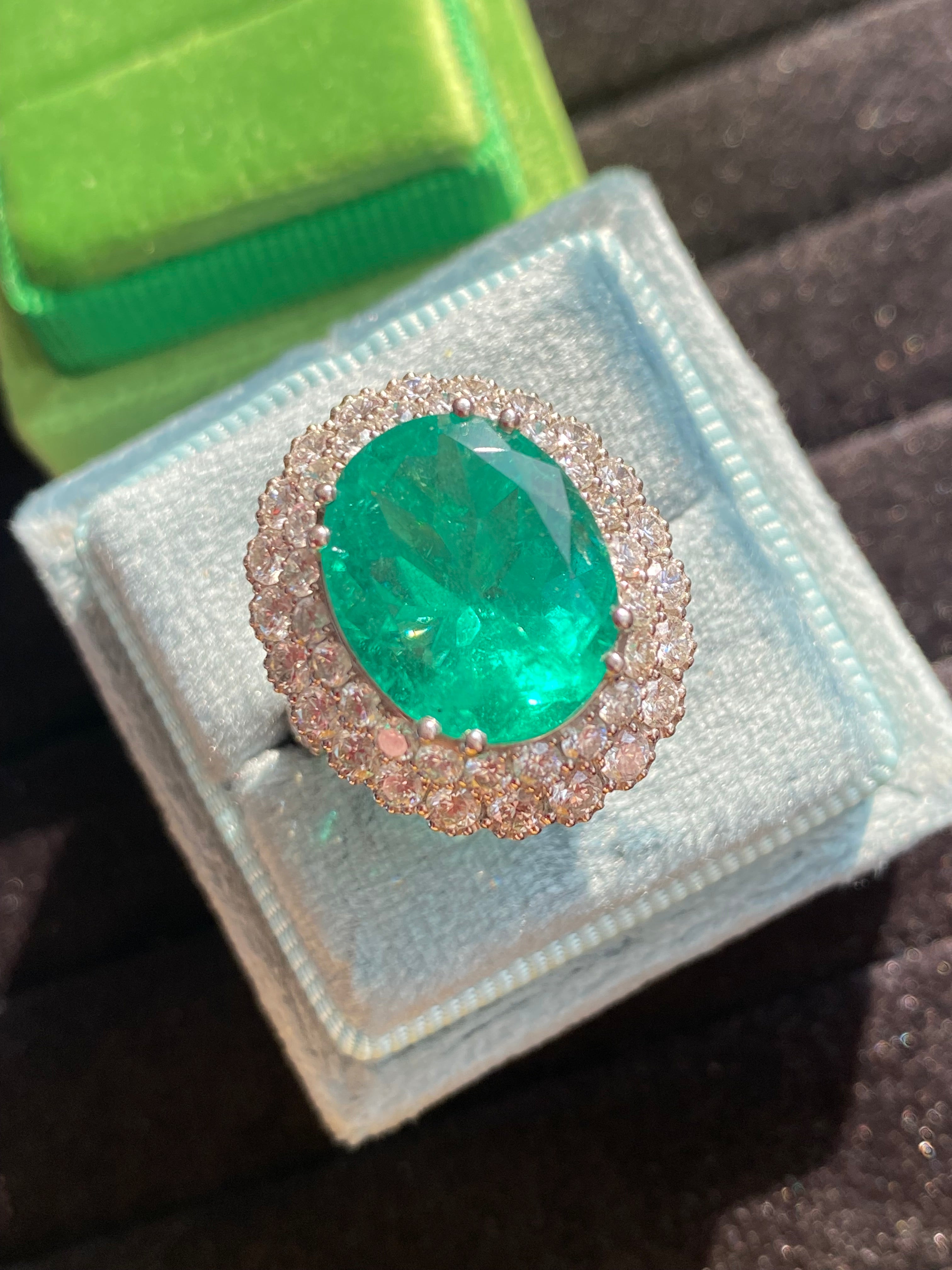 9.10 CTW Colombian Emerald and Natural Diamond Double Halo Ring in Platinum