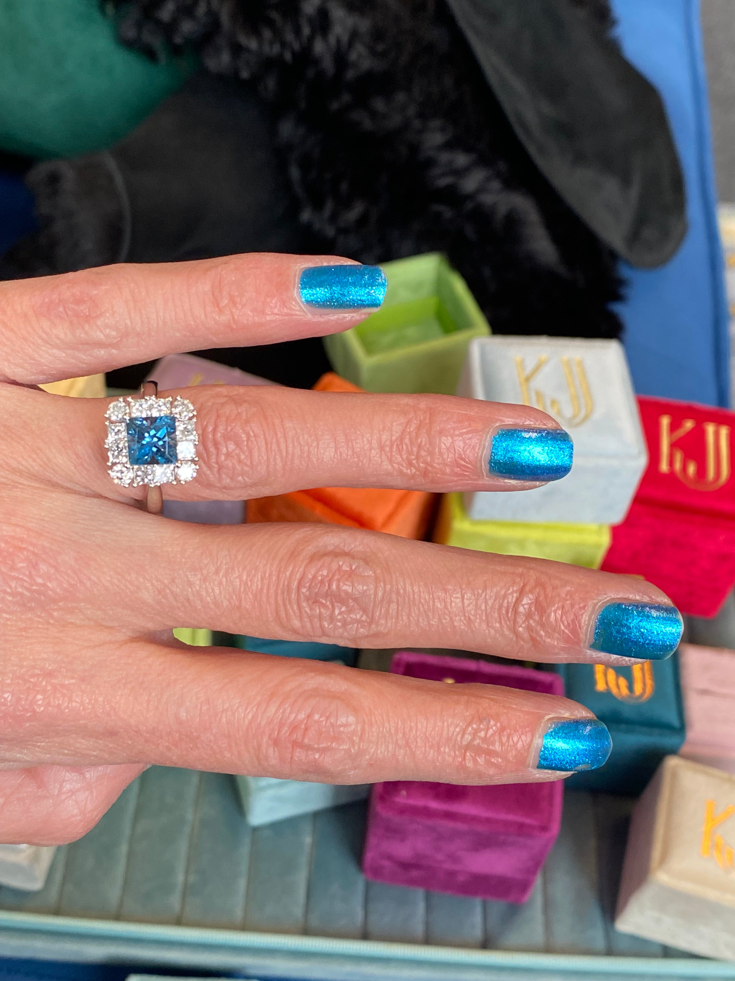 1.55 Carat Princess Cut Aquamarine and 1.32 CTW Natural Diamond Halo Engagement Ring in Platinum