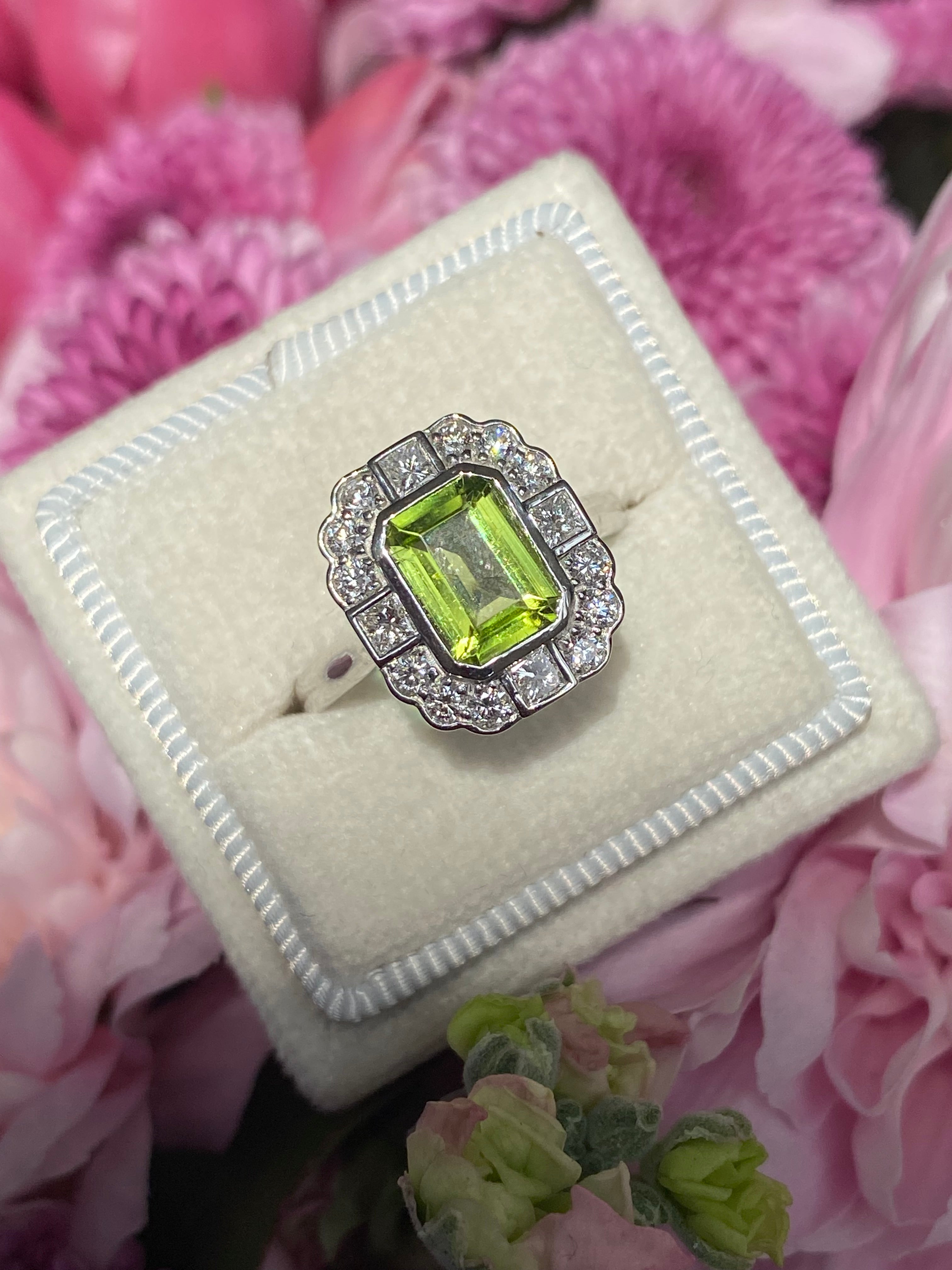 1.32 Carat Peridot and Natural Diamond Ring in Platinum