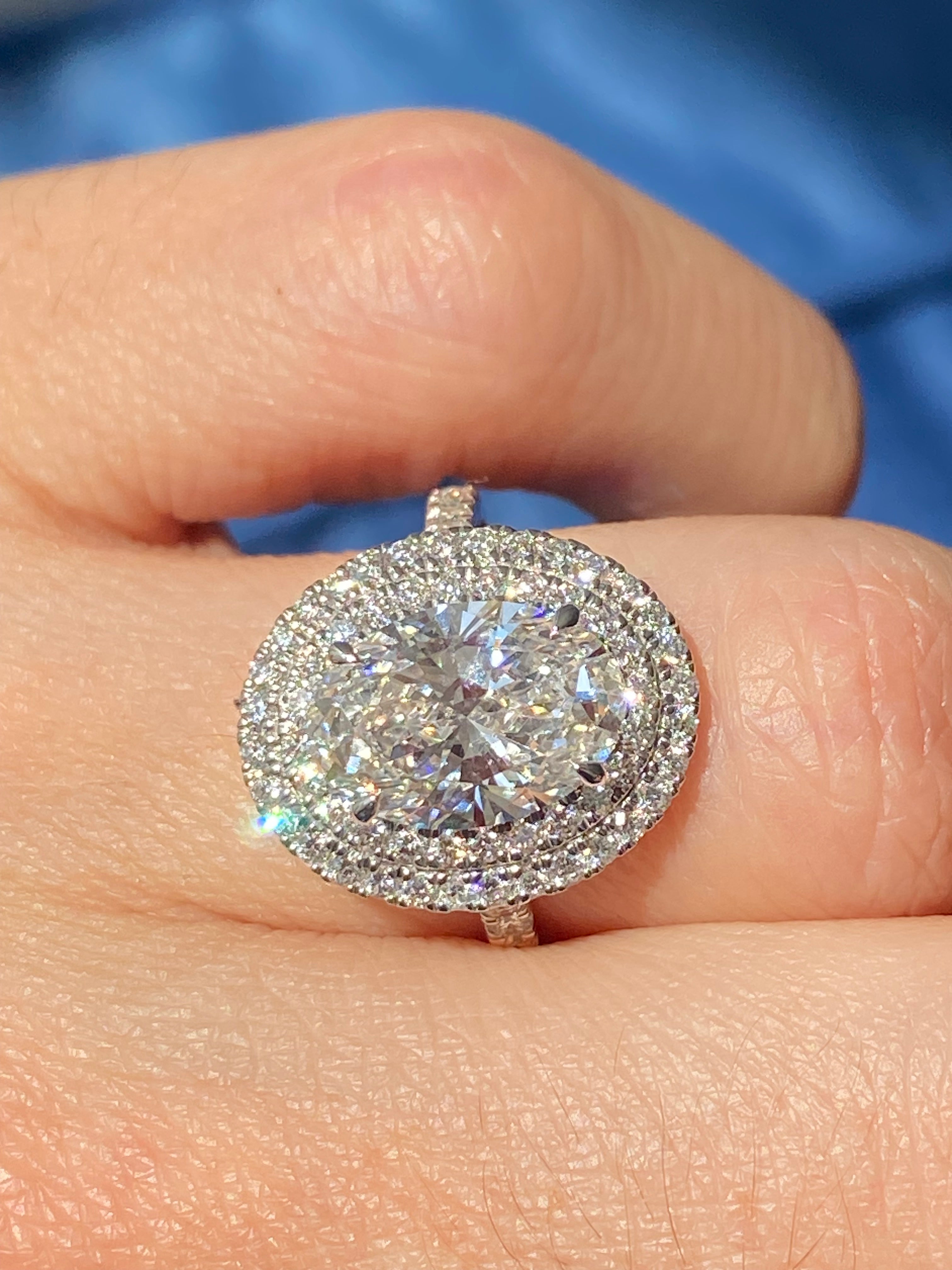 3.92 CTW Oval Cut Lab Diamond Double Halo Engagement Ring in Platinum