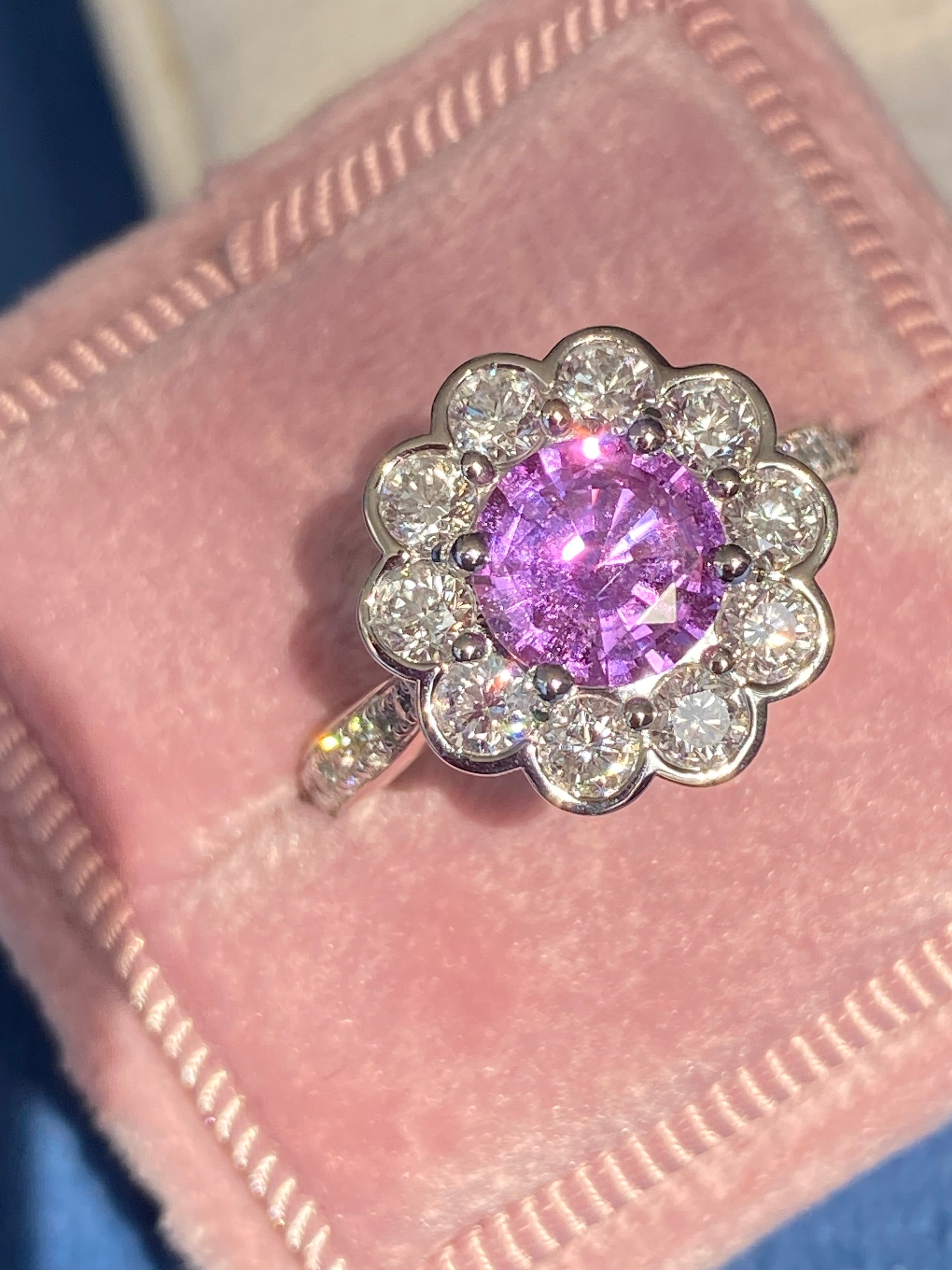 1.27 Carat Purple Sapphire and 1.02ctw Natural Diamond Halo Ring in Platinum