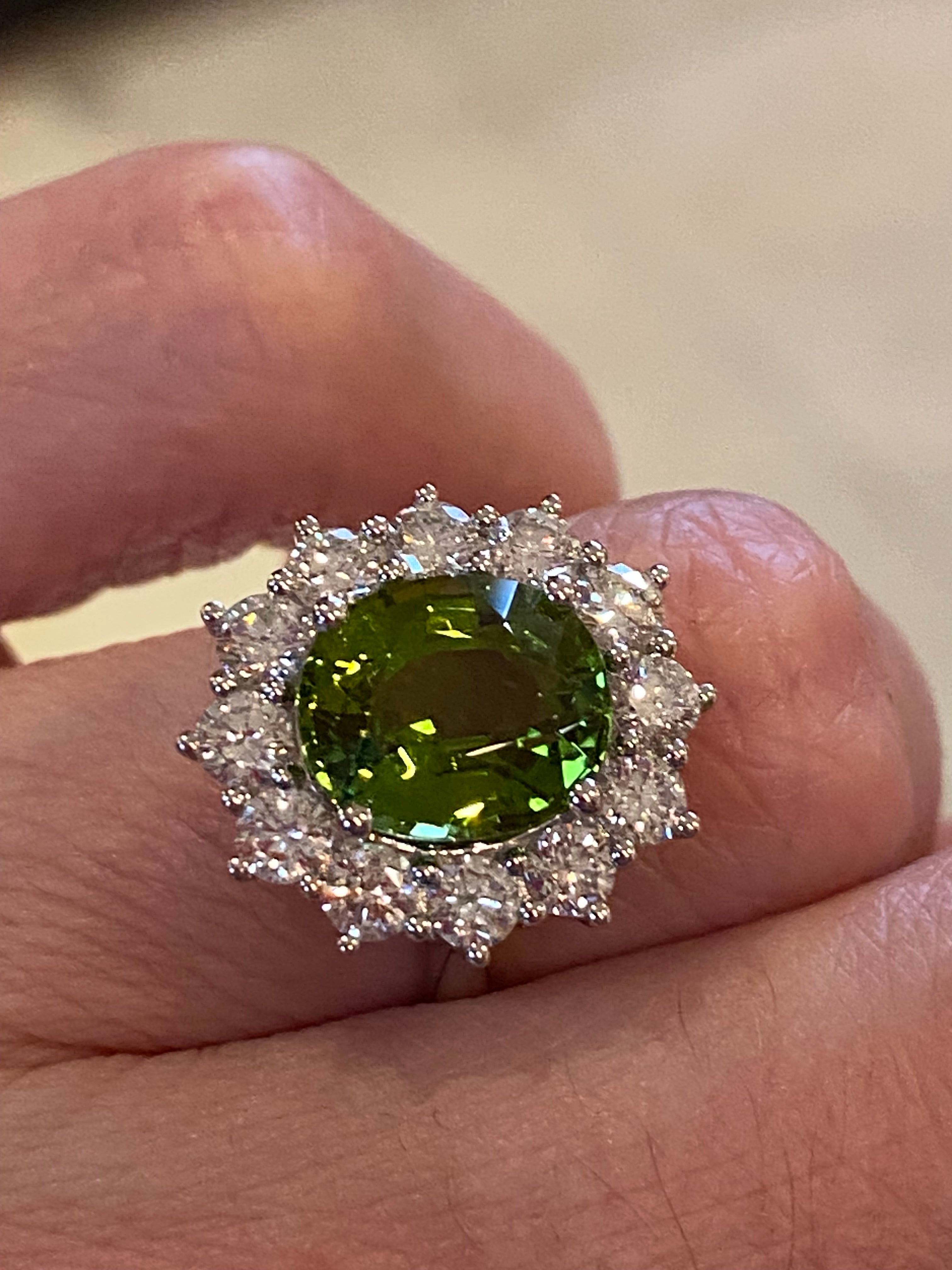 4.99 CTW Green Tourmaline and Natural Diamond Halo Ring in Platinum