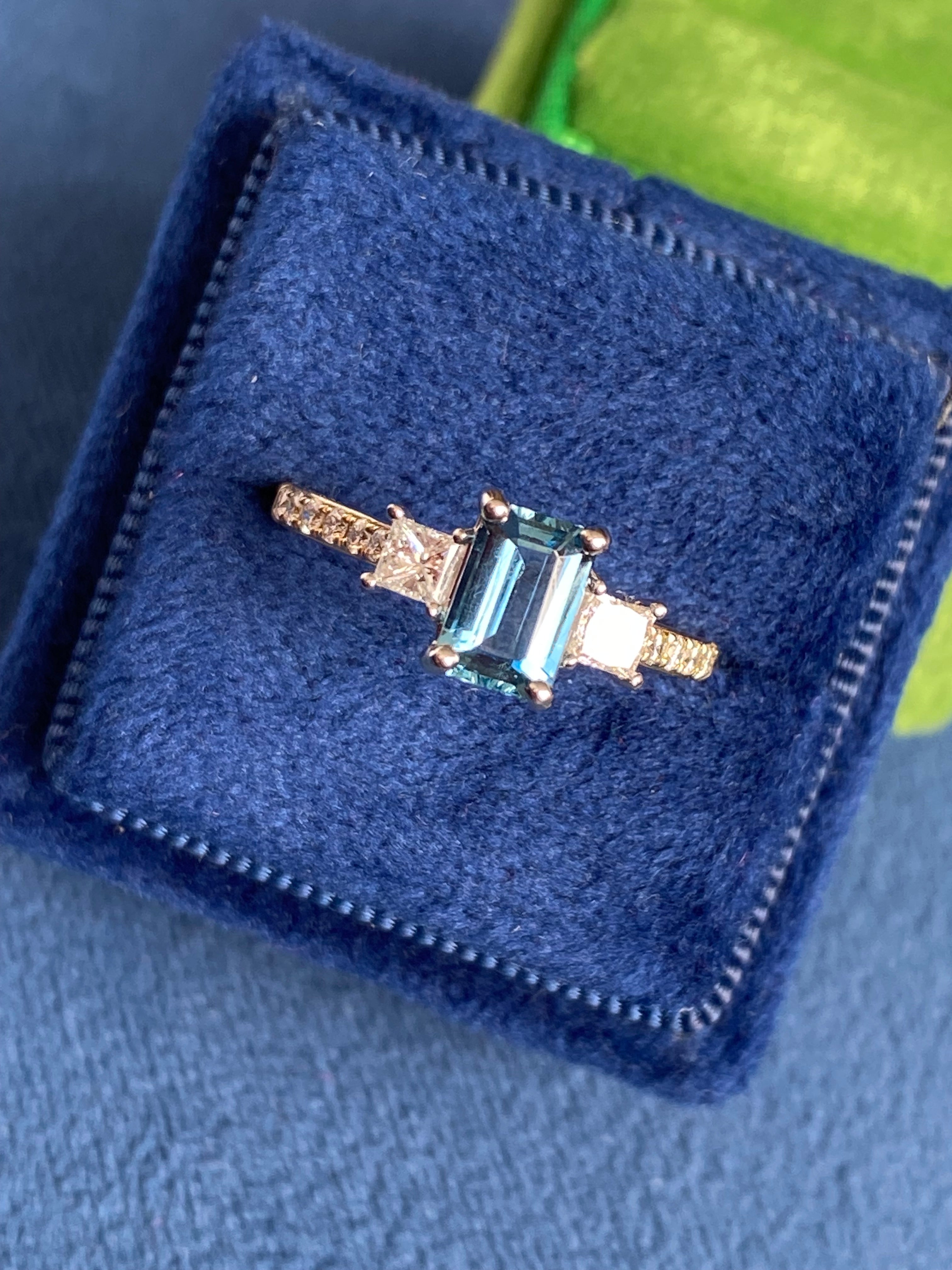 1.18 CTW Aquamarine and Natural Diamond Three Stone Ring in Platinum and 18ct Yellow Gold