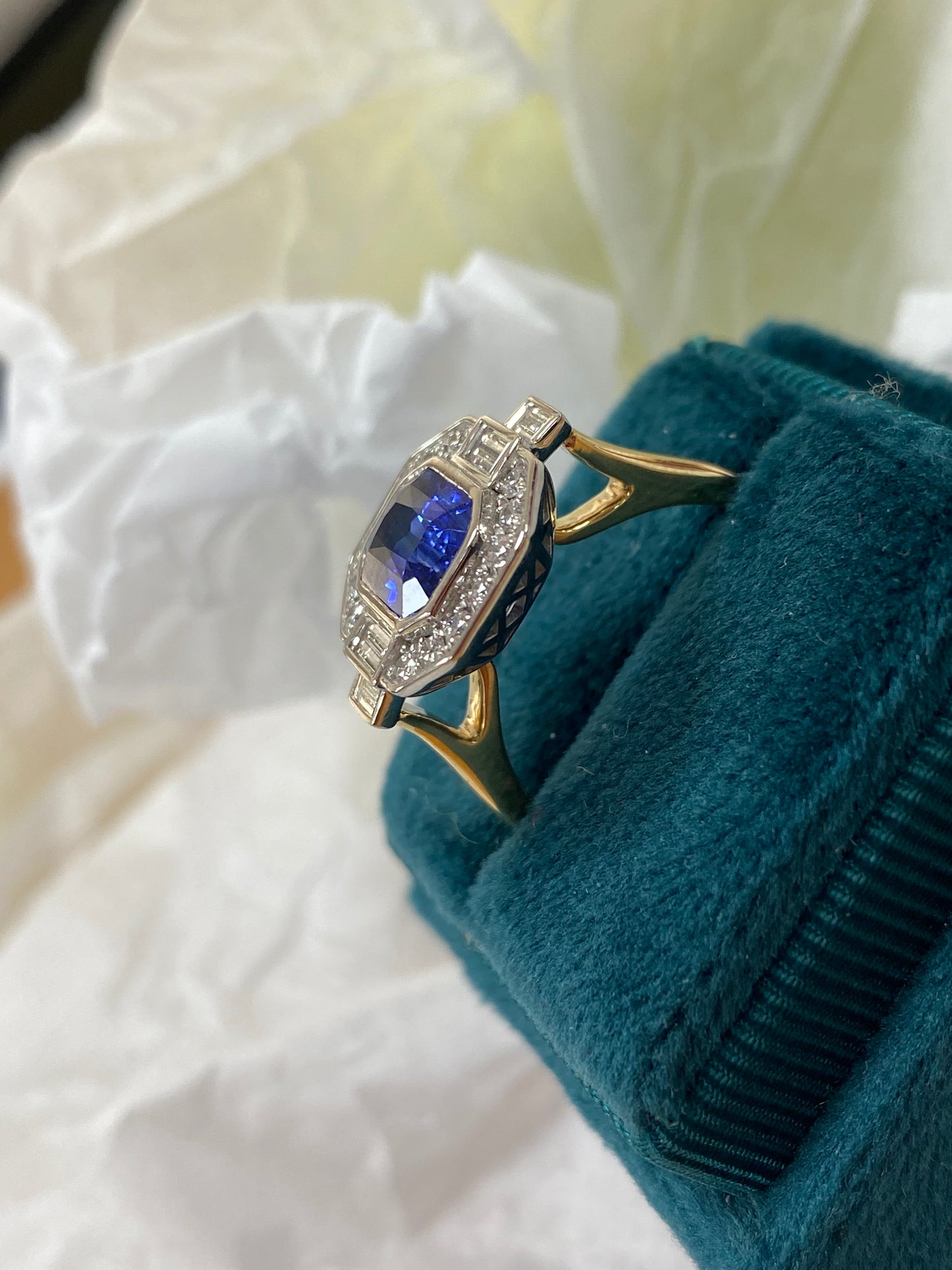 2.06 Carat Emerald Cut Sapphire and Natural Diamond Halo Ring in Platinum and 18ct Yellow Gold