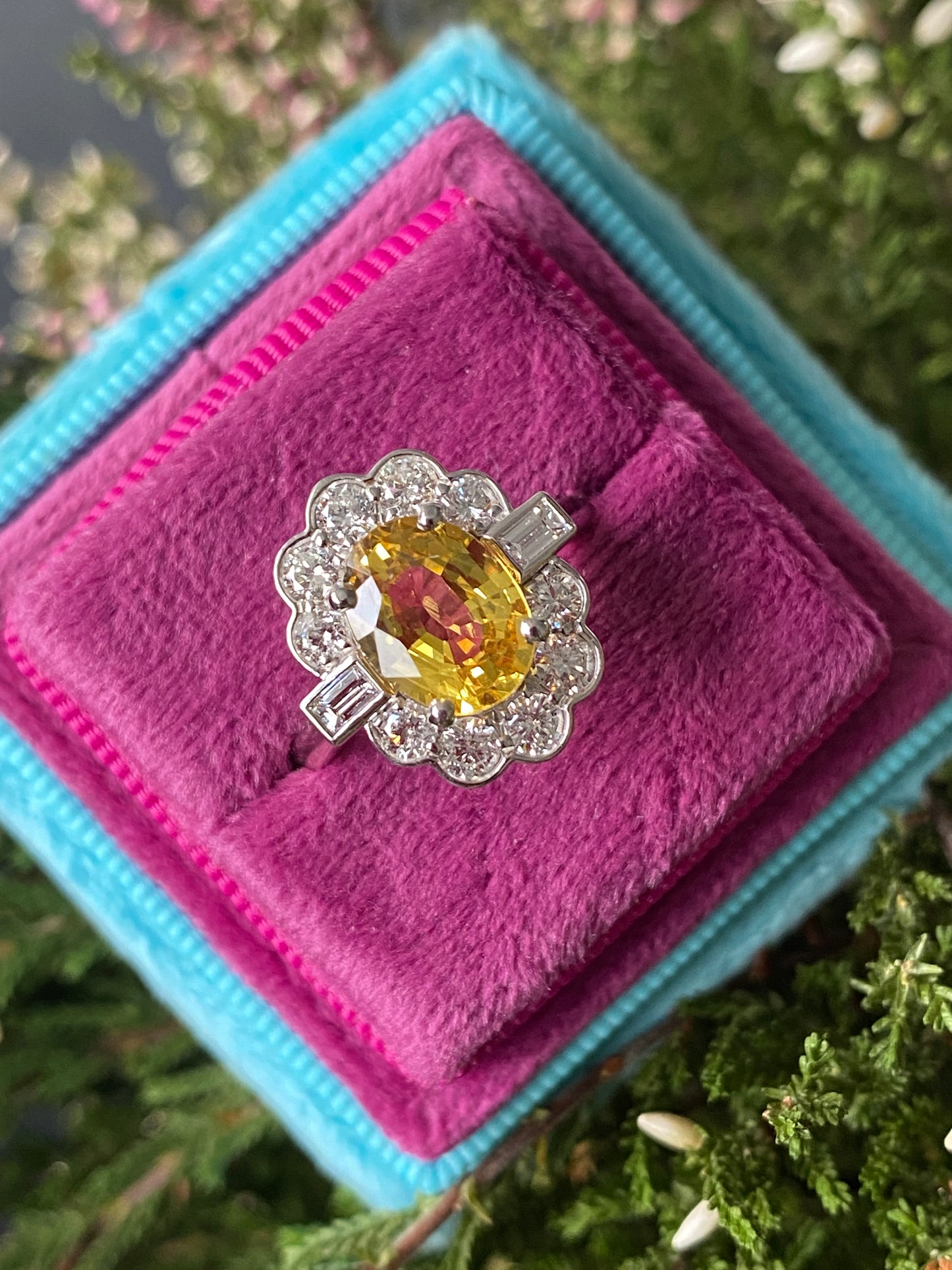 2.45 Carat Yellow Sapphire and Natural Diamond Halo Ring in Platinum