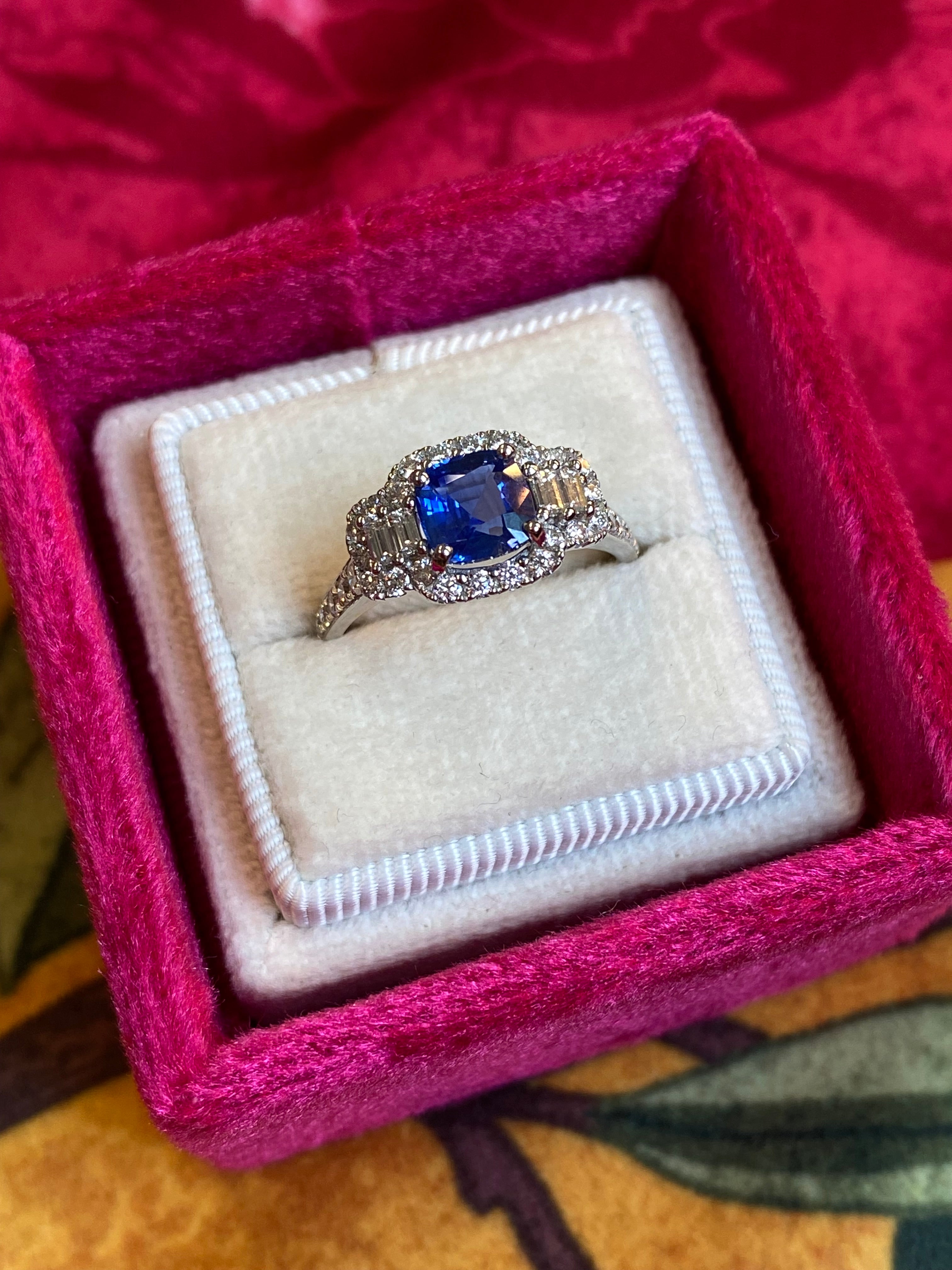 1.83 CTW Blue Ceylon Sapphire and Natural Diamond Three Stone Engagement Ring in Platinum