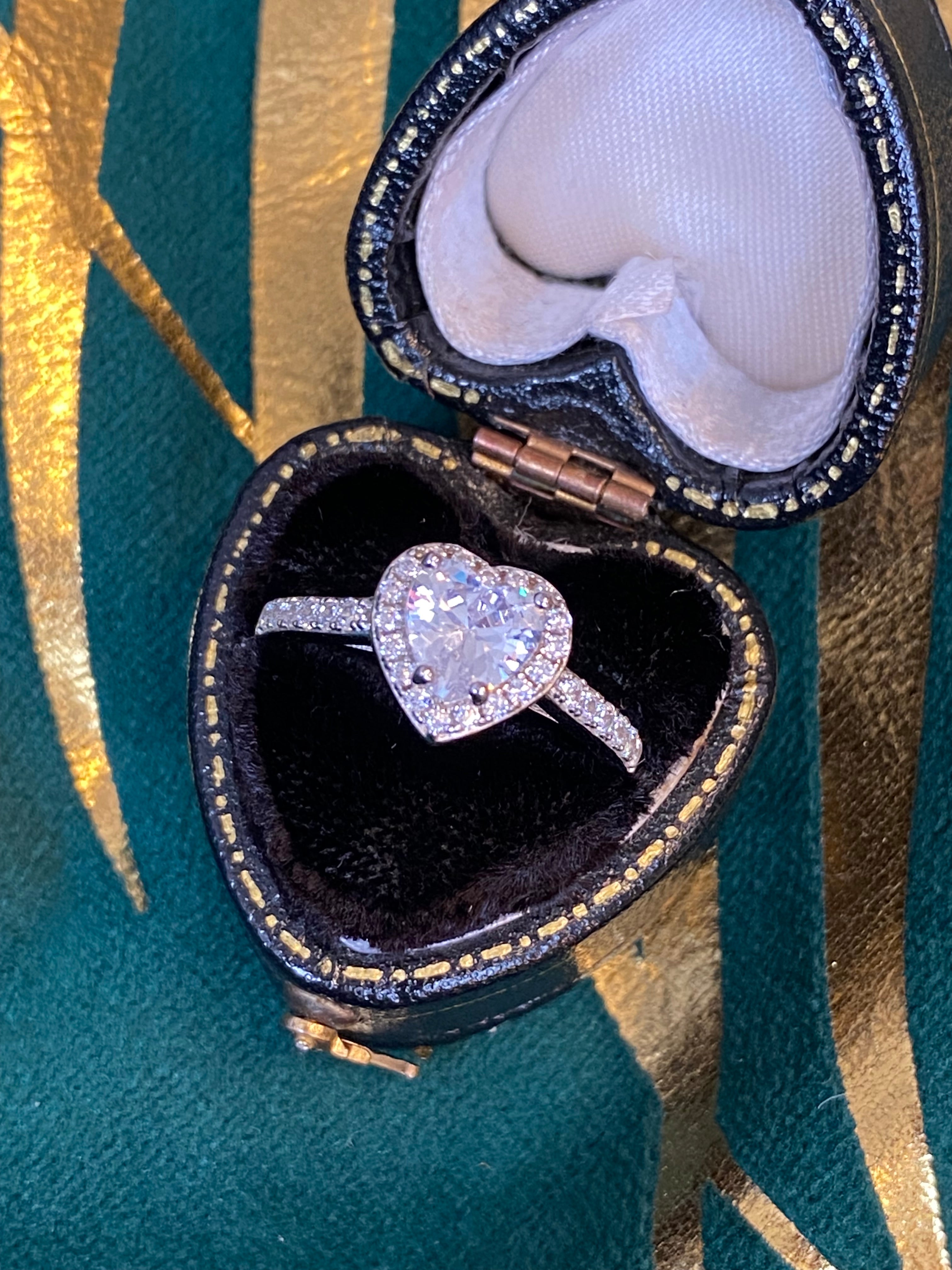Heart Shape Moissanite Halo Engagement and Wedding / Eternity Ring Set in Sterling Silver