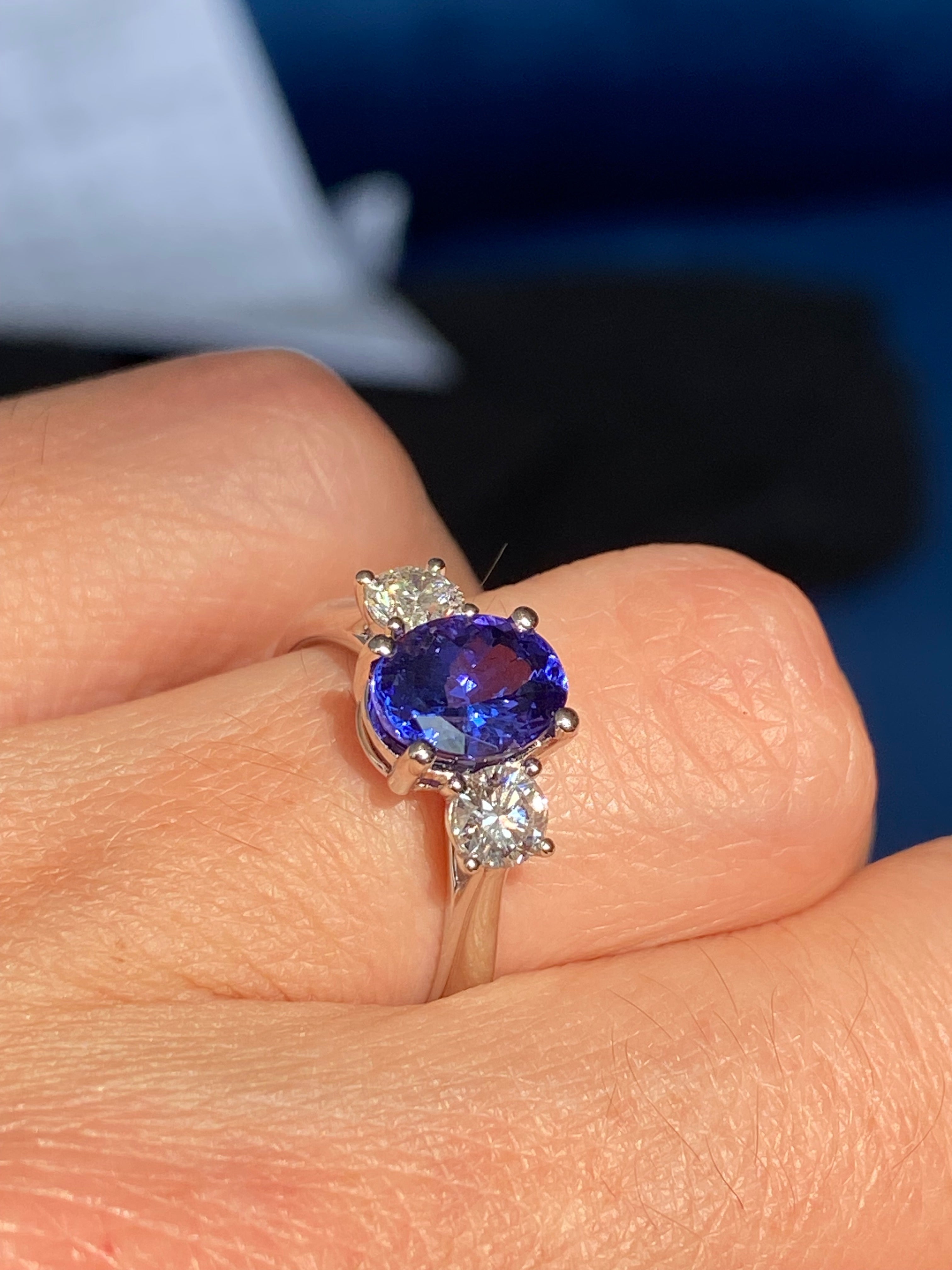 2.08 CTW Tanzanite and Natural Diamond Three Stone Ring in Platinum
