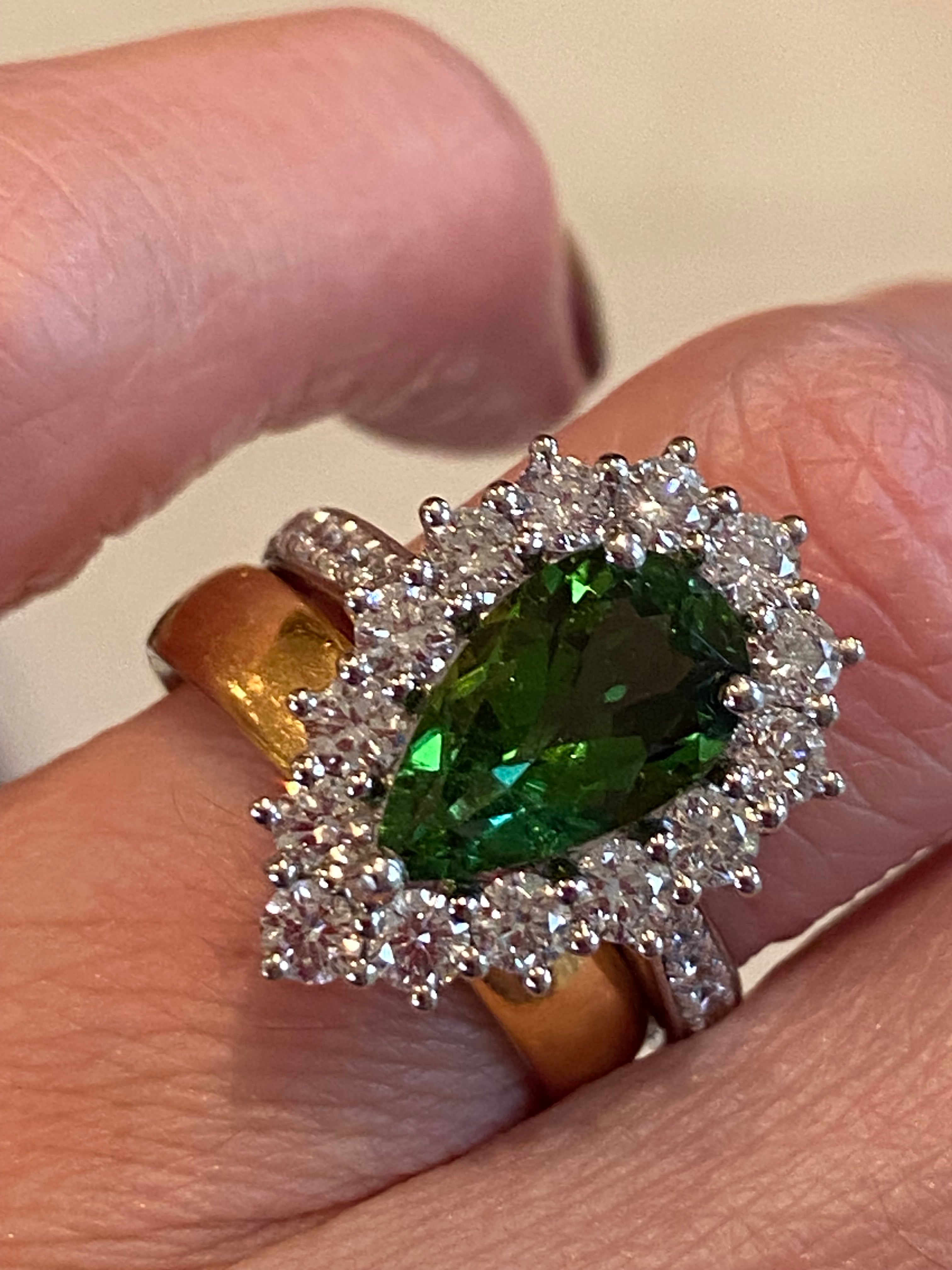 3.97 CTW Pear Cut Green Tourmaline and Natural Diamond Ring in Platinum