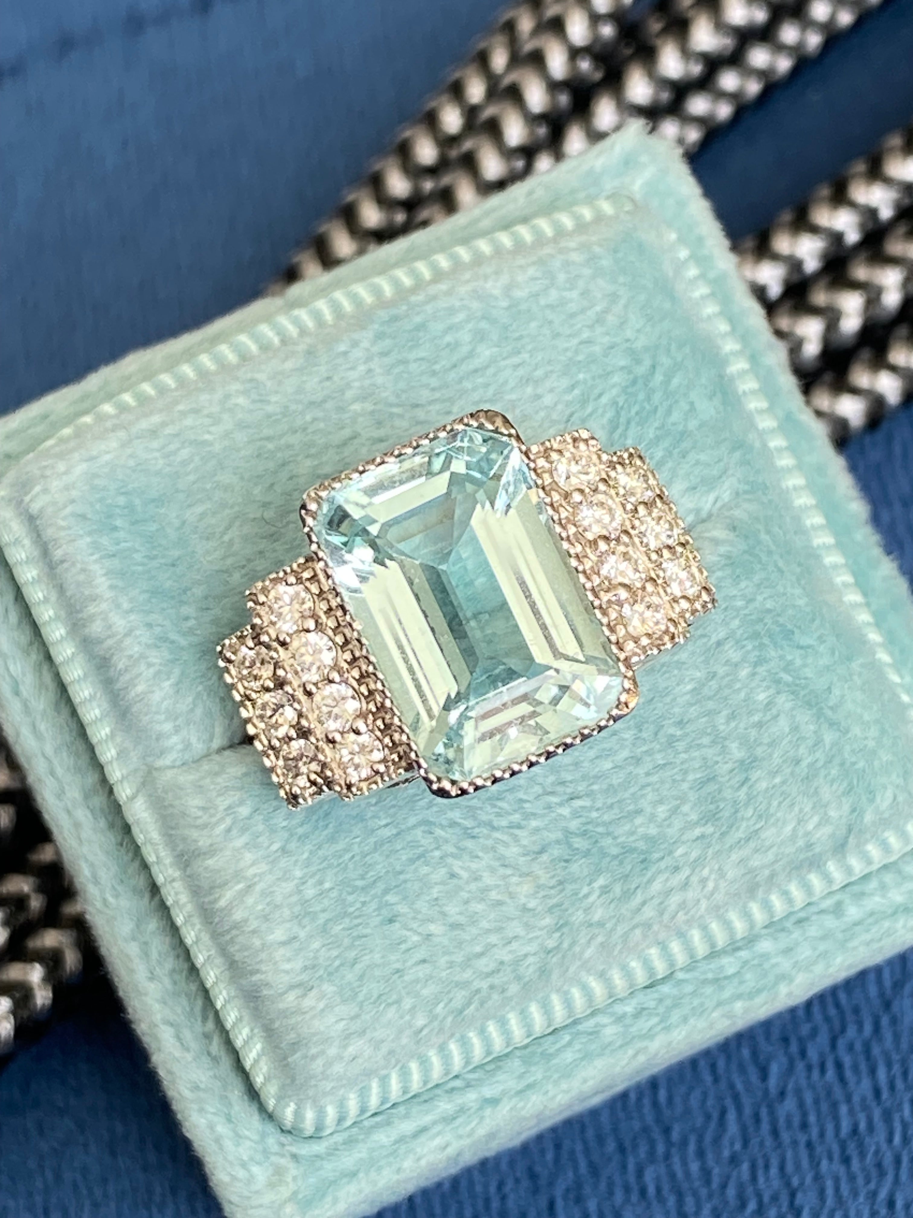 6.29 CTW Art Deco Style Aquamarine and Diamond Ring in 18ct White Gold