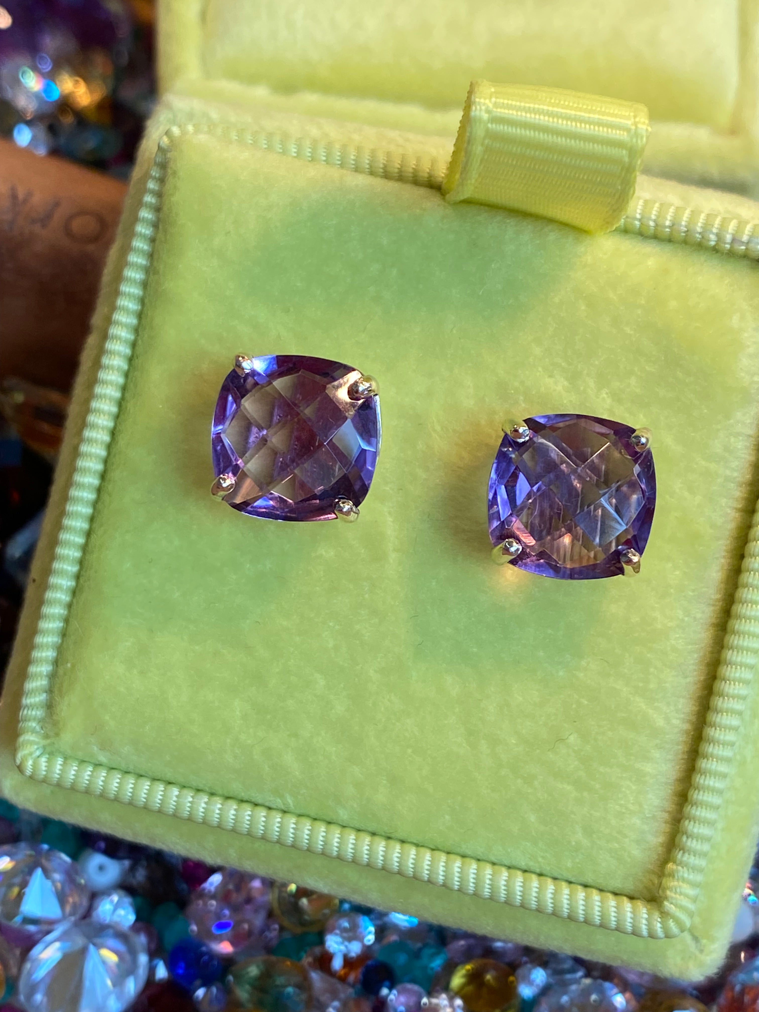 Cushion Chequerboard Cut Rose De France Amethyst Stud Earrings in 9ct Yellow Gold