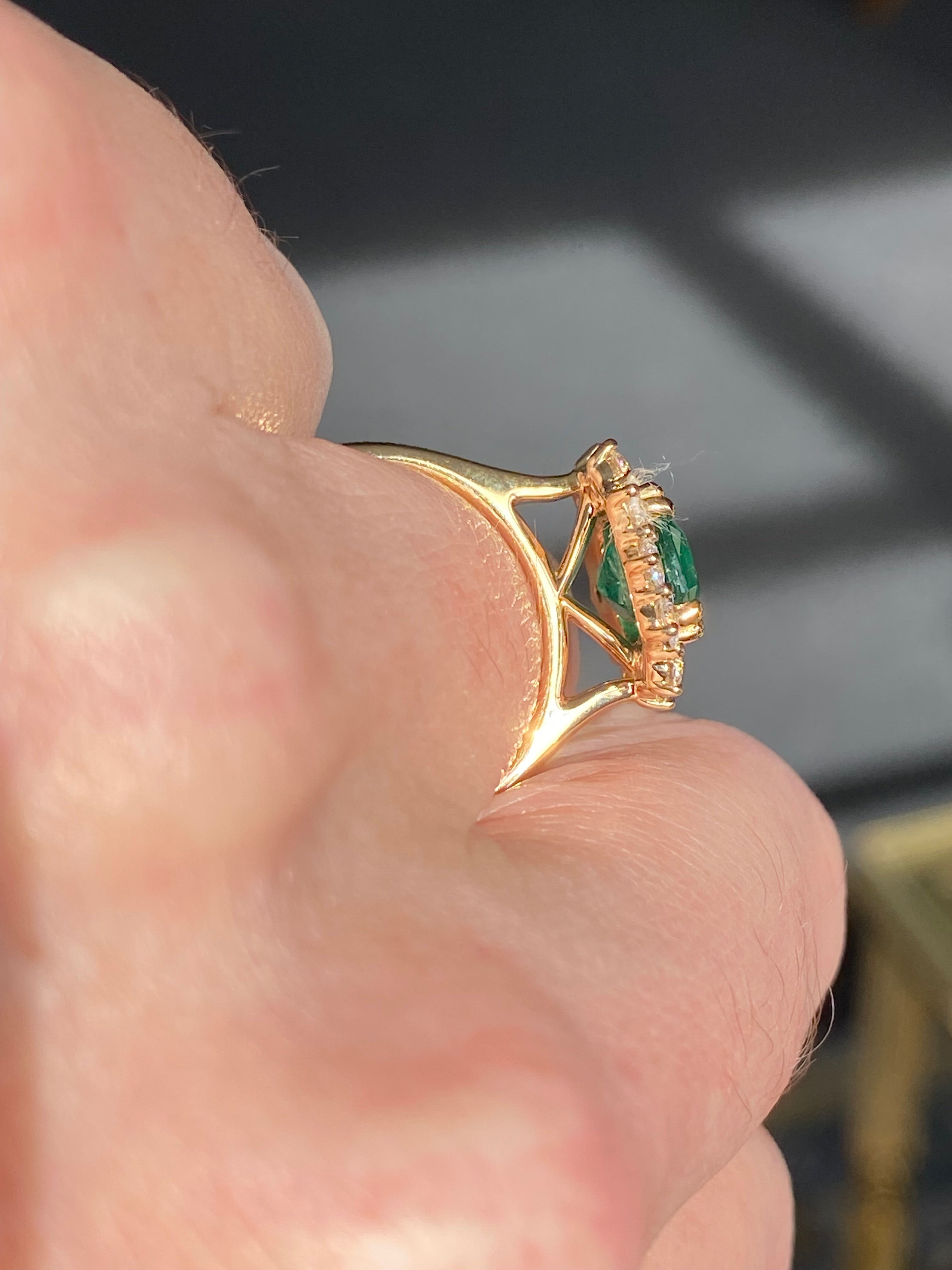 Masterpiece Cushion Cut Emerald and Natural Diamond Halo Ring in 18ct Yellow Gold