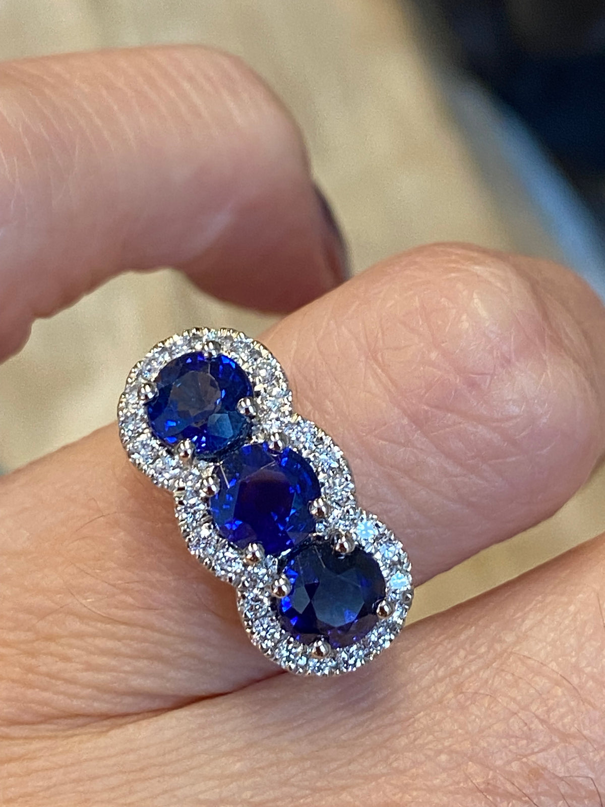 2.74 CTW Round Cut Blue Sapphire and Diamond Trilogy Ring in Platinum